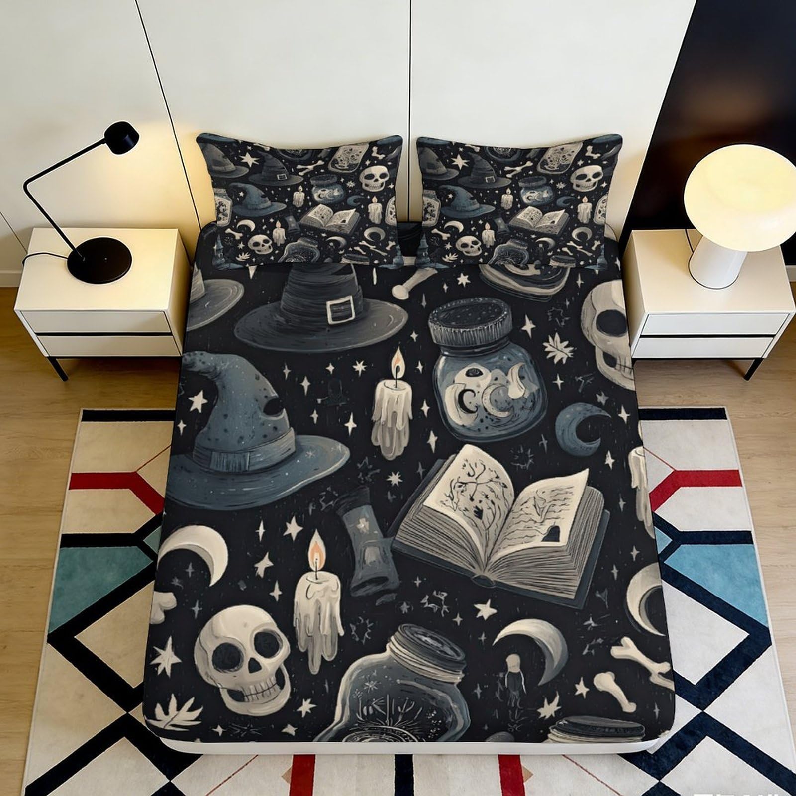 3D Printed Witch Hat Fitted Sheet Microfiber Black Skull Book Mattress Cover for Bedroom Dorm Decorative Protection 200x200x25cm