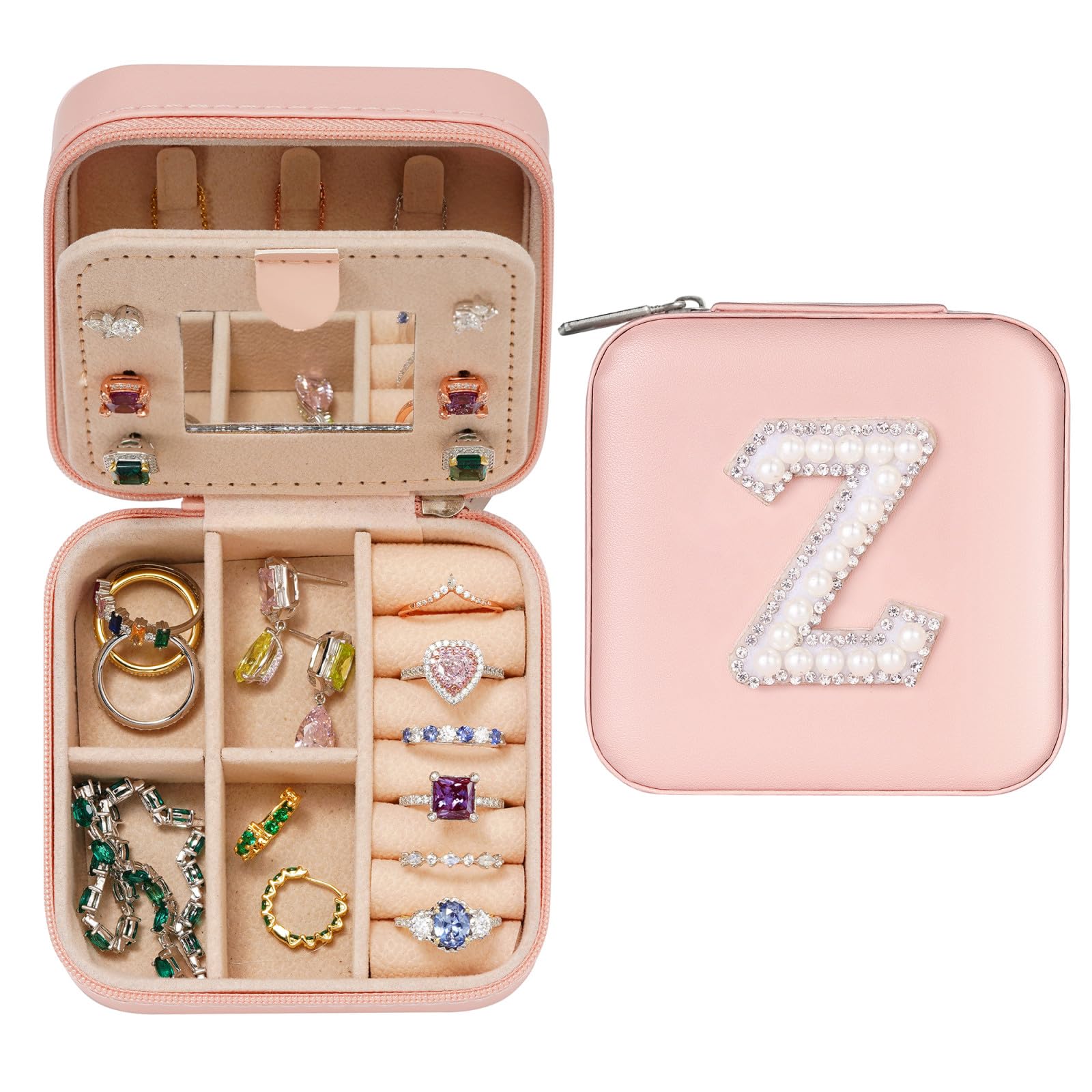 Gifts for Girls, Z Initial Travel Jewelry Case | Birthday Gifts for Girls Jewelry Box | Teen Girl Gifts for Teenage Girls | Teen Girl Gifts Trendy Stuff | Cute Gifts for Girlfriends-Pink