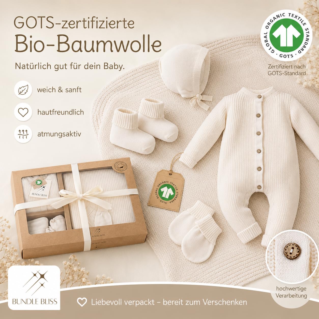 Bundle Bliss Zestaw upominkowy dla niemowląt ze 100% bawełny ekologicznej - śpioszki, koc, rękawiczki, czapka i buty | certyfikat GOTS | miękki, oddychający zestaw odzieży dla niemowląt i niemowląt (0