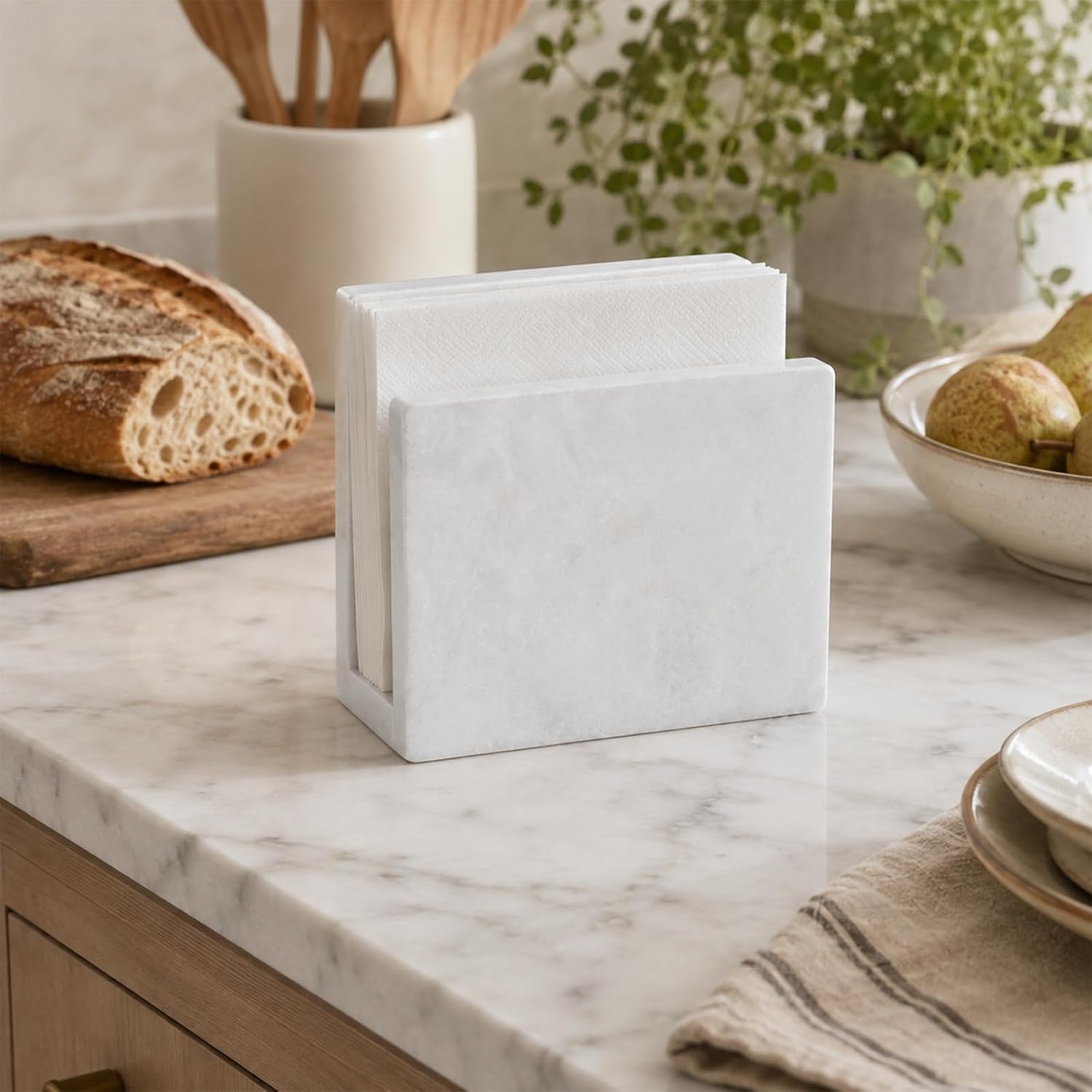 Koville Marble Napkin Holder for Table, 5" Natural Stone Napkin Holder for Kitchen Countertop Dining Room, Modern Napkin Dispenser for Cocktail Tissue Party Bar, Decorative Tissue Paper Holder(White)