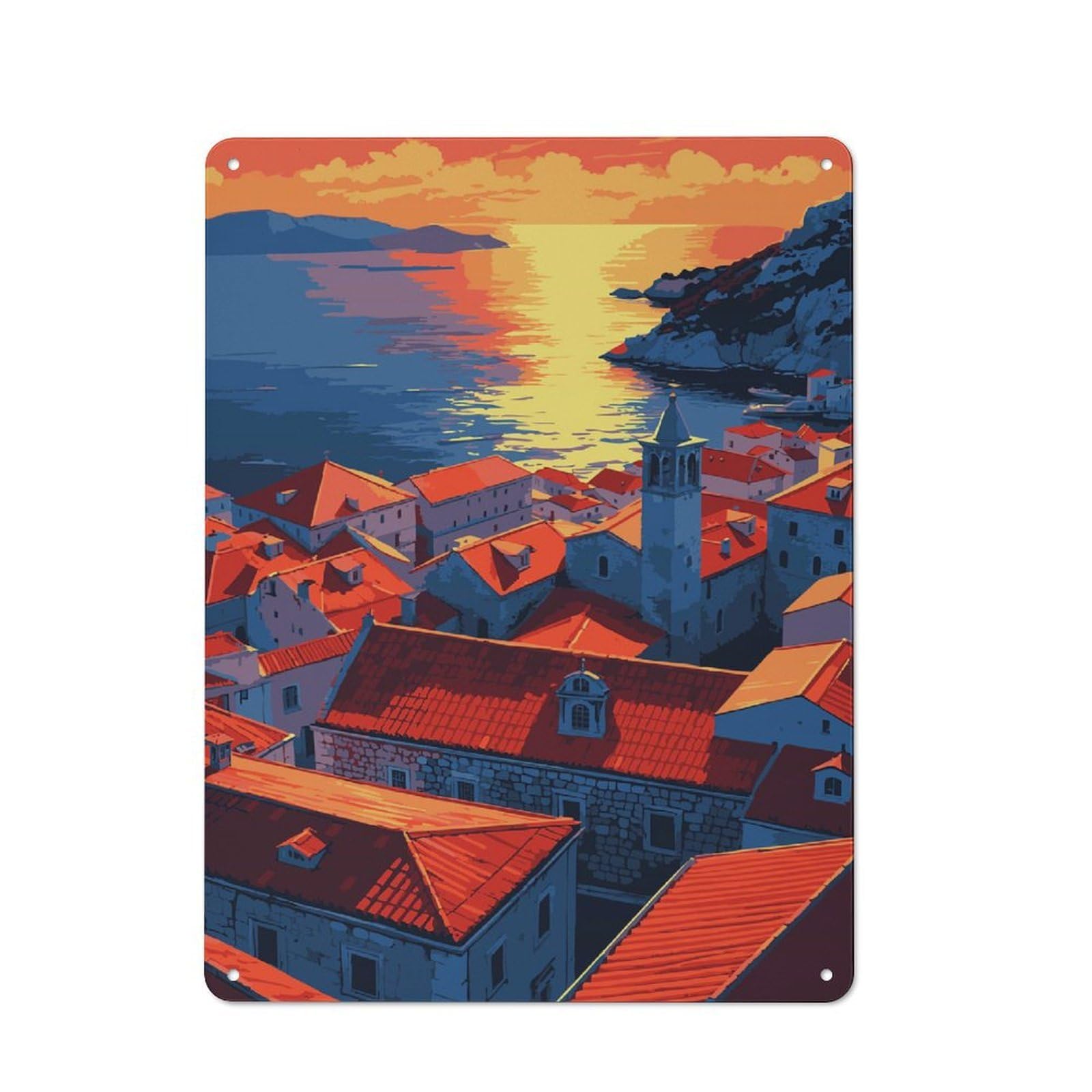 Junmoney Style-17 40X30cm Rustic Metal Wall Sign With Coastal Townscape At Sunset For Living Room Wall, Metal Sign Decor For Living Rooms And Feature Walls
