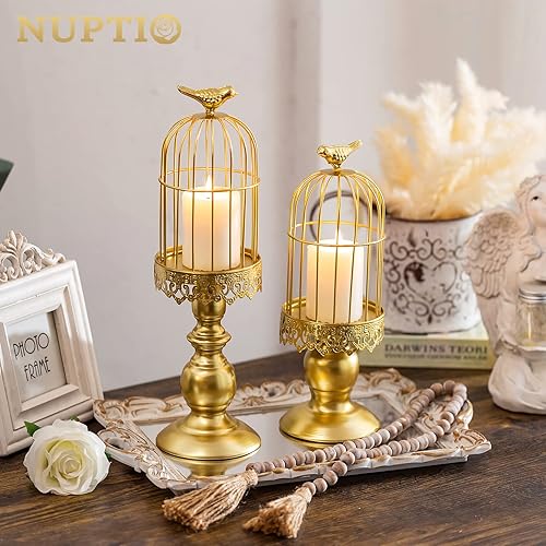 Miniatura 7 de Nuptio Portavelas de pilar dorado, 2 piezas de faroles de jaula de pájaros, portavelas decorativo de mesa para bodas, fiestas, cafeterías,