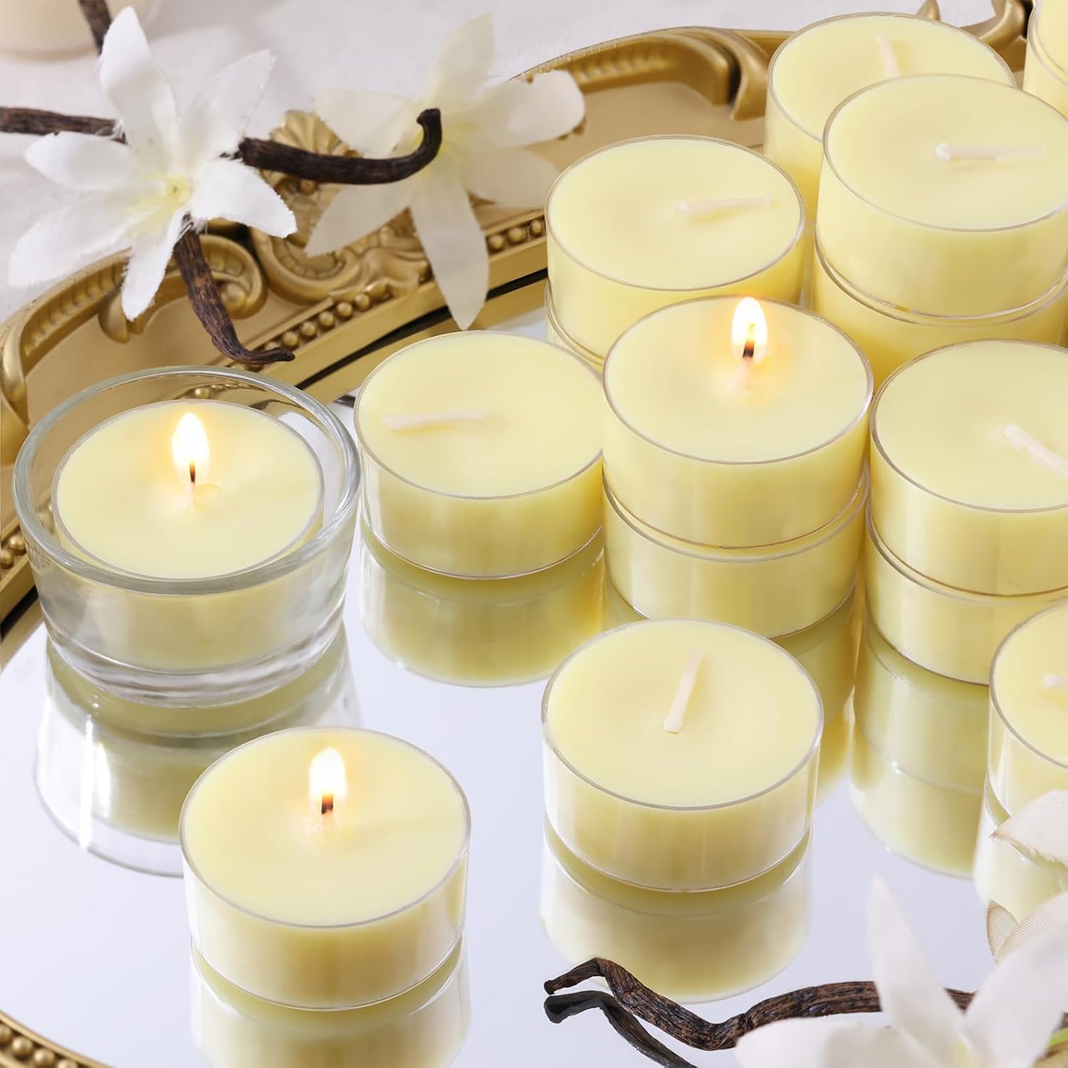 DEVI Vanilla Bean Highly Scented Tea Lights Candles 48 Pack, 5-6 Hours Natural Palm Tea Candles for Home Scented, Small Tealight Votives with Essential Oils for Home, Thanksgiving Vanilla Bean 48 Pack