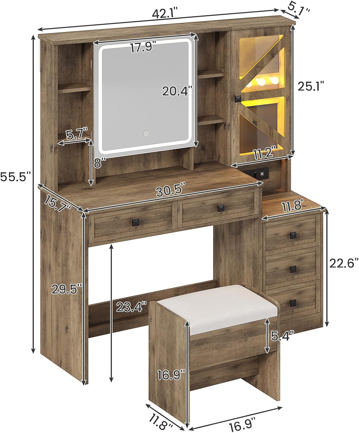 AOGLLATI Farmhouse Vanity Desk with Mirror and Lights, Makeup Vanity Set with Lights & Jewelry Cabinet & 5 Drawers, Vanity Table with Charging Station, Hidden Storage Space for Bedroom, Brown
