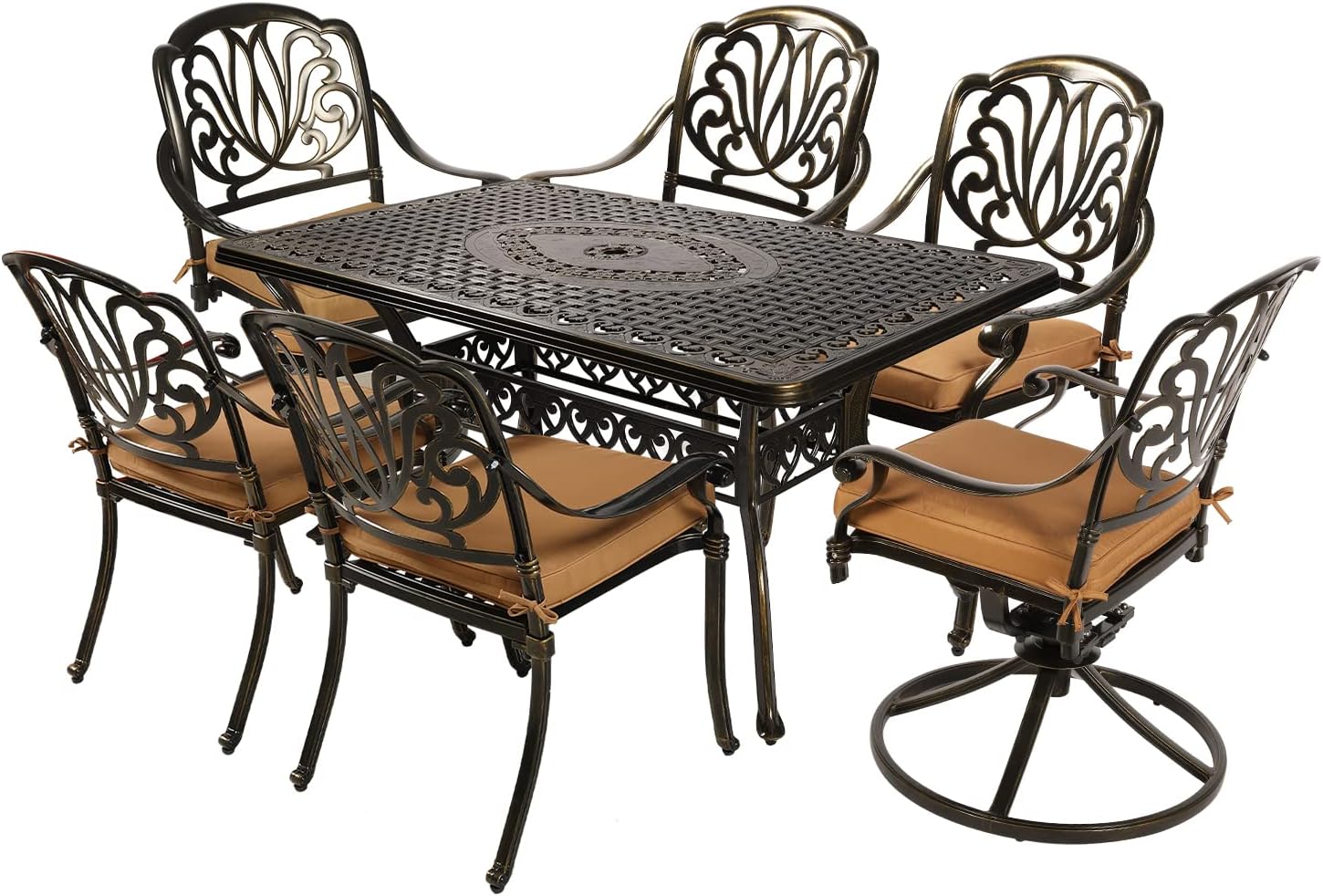 VIVIJASON7-Piece Outdoor Furniture Dining Set, All-Weather Cast Aluminum Patio Conversation Set, Include 4 Stationary Chairs, 2 Swivel Dining Chairs and a Rectangle Table with Umbrella Hole