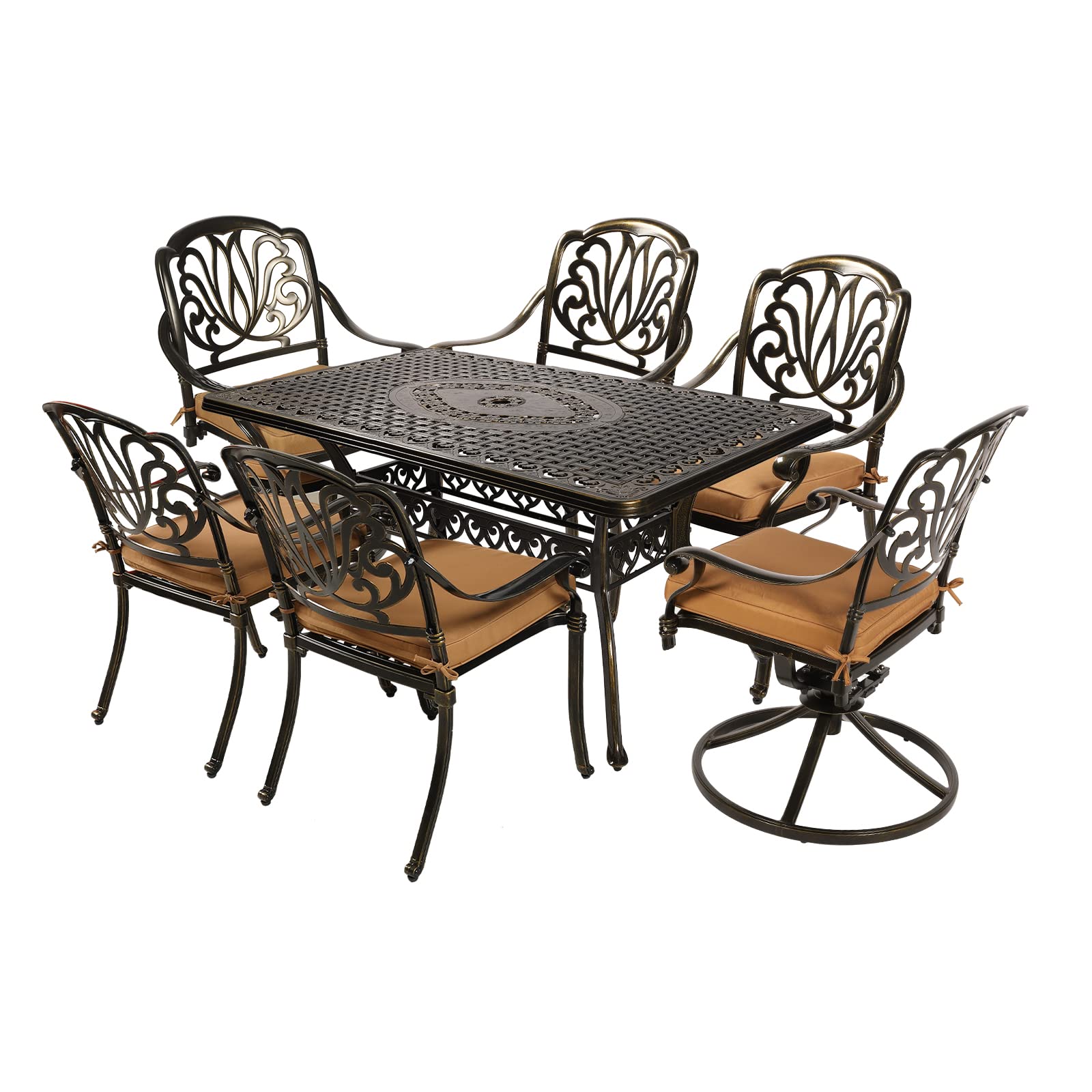 VIVIJASON7-Piece Outdoor Furniture Dining Set, All-Weather Cast Aluminum Patio Conversation Set, Include 4 Stationary Chairs, 2 Swivel Dining Chairs and a Rectangle Table with Umbrella Hole