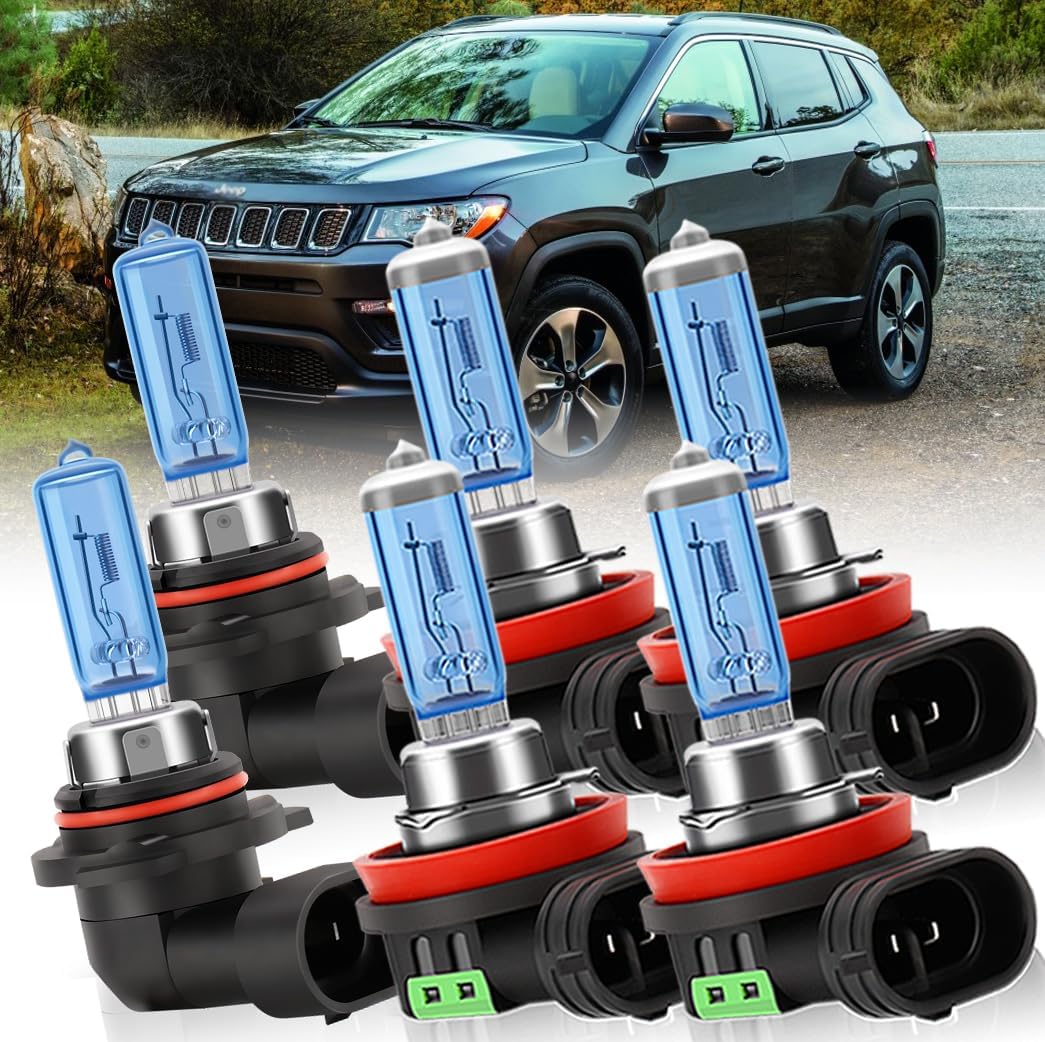 Fit for JEEP Compass 2014-2020 High Performance Halogen Headlight Bulbs,9005 High Beam + H11 Low Beam + H11 Fog Light Replacement Bulb Kit,Pack of 6