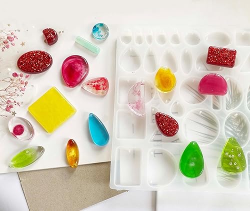 Miniatura 8 de Szecl - Juego de 38 moldes de resina para colgante de joyería de 38 cavidades, molde colgante de silicona con agujero, gema de cabujón redondo,