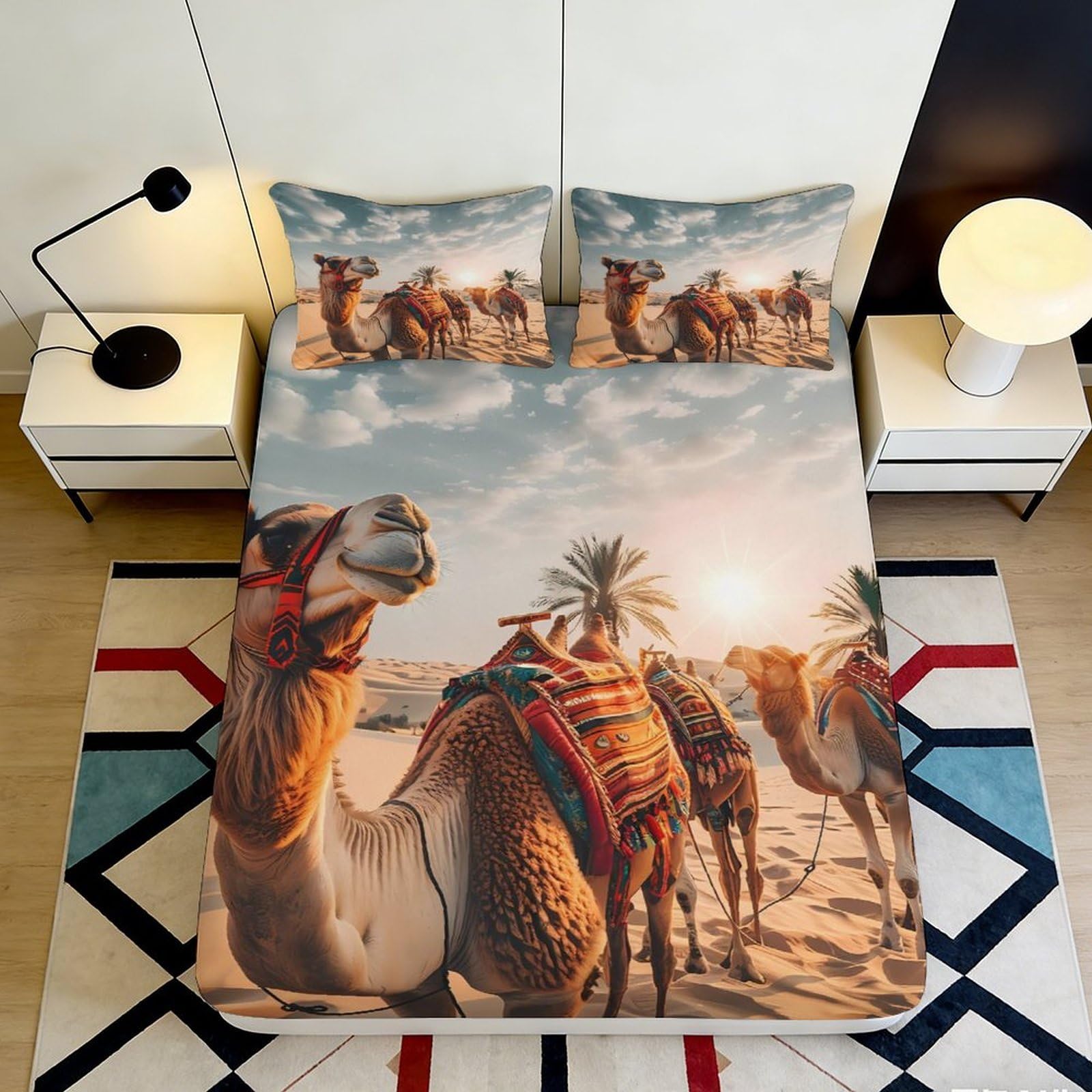 3D Printed Desert Camel Fitted Sheet Microfiber Soft Breathable Oasis Sunset Mattress Cover for Bedroom Dorm Decor 90x200x25cm