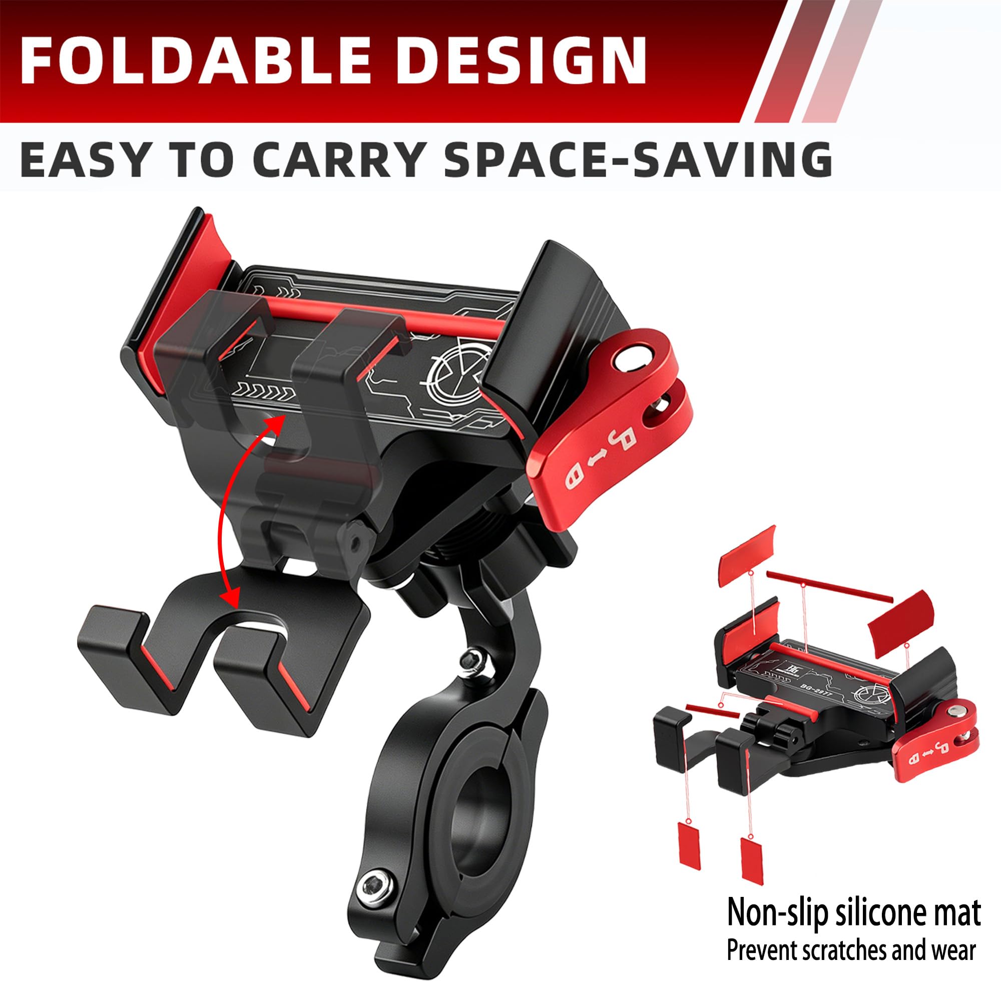 Porta Cellulare Bici con Ammortizzatori, Pieghevole Porta Telefono Moto/Scooter Metallo, 360° Rotabile Supporto Telefono Bici, Portatelefono Moto Manubrio 20-30mm, per 4-7,2" Smartphone [1s Sgancio]