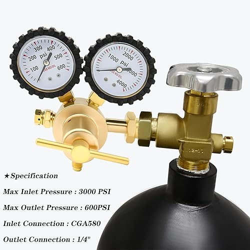 Miniatura 2 de Regulador de Nitrógeno 0-600PSI CGA580 Entrada, Conexión de Salida de Llama Macho de 1/4 Pulgada, Manija de Servicio Pesado, Válvula de Alivio