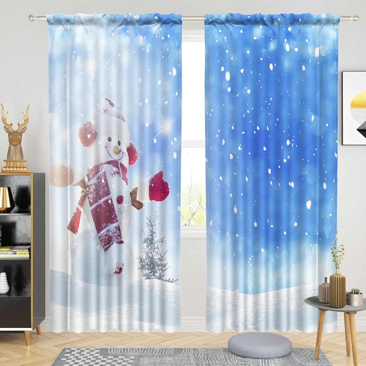 Renaiss 42 x 108 Inch Winter Snowman Curtains Kids Bedroom Small Window Blue Sky Snowflakes Window Tiers Curtains Kitchen Cabinet Bathroom Privacy Light Filter Linen Drapes with Rod Pocket 2 Panels
