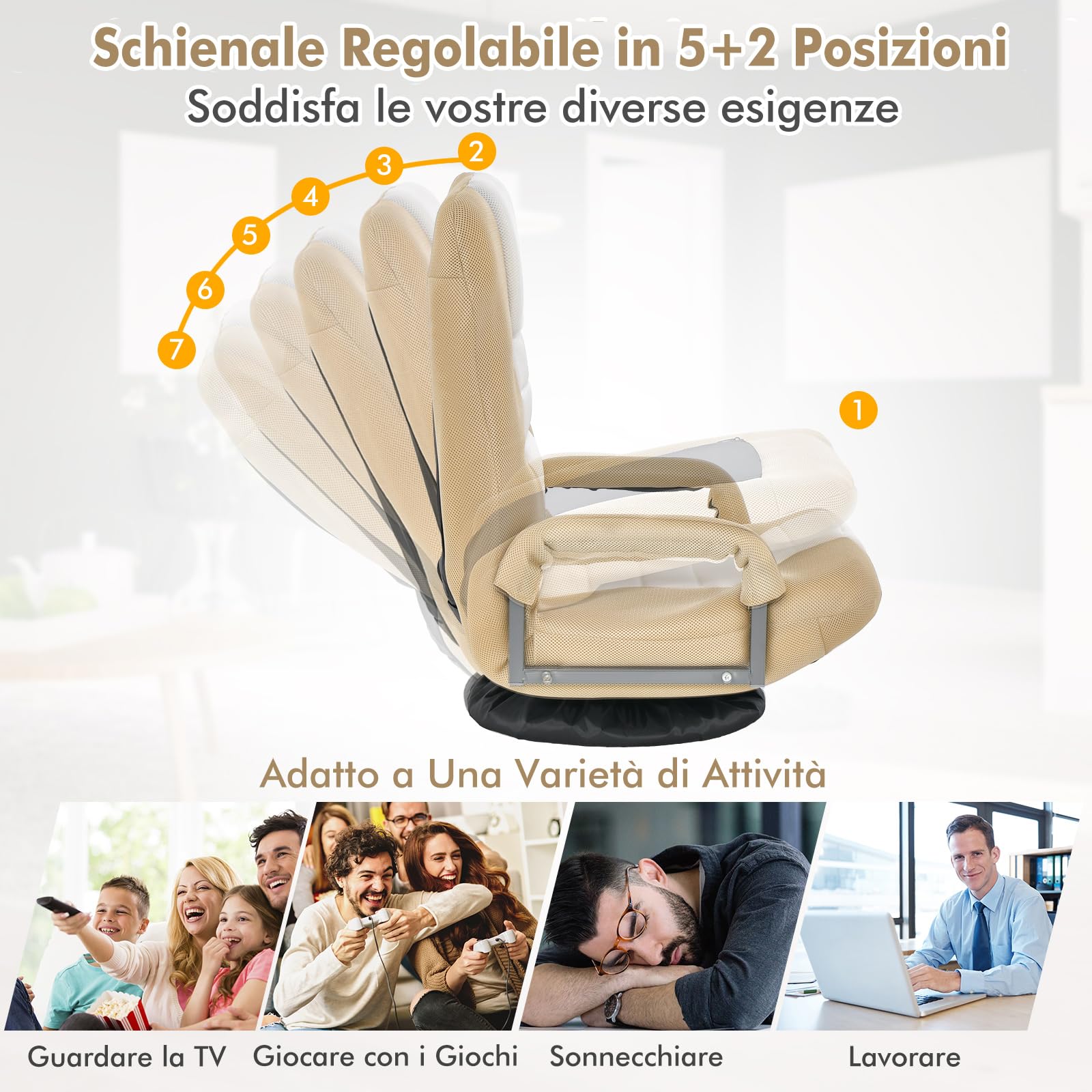 COSTWAY Sedia da Pavimento Pighevole, Sedia da Terra con Braccioli, Poltrona da Yoga Portatile e Girevole, Poltrona con Schienale Regolabile a 5+2 Livelli, Portata 150 kg (Marrone chiaro)