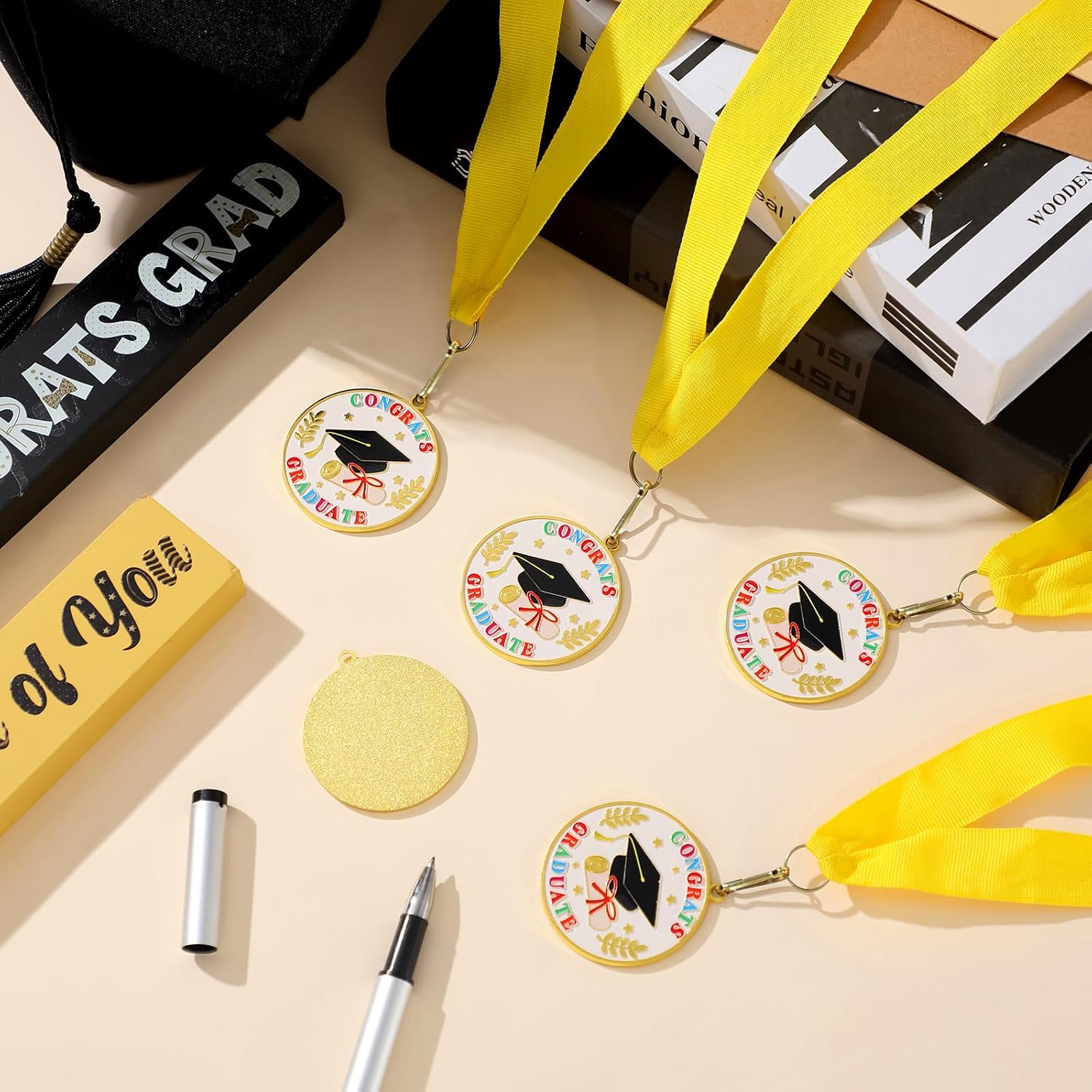 Tandefio 24 Pcs Kindergarten Graduation Metal Medals for Kids 2 Inch Graduation Award Medals with Yellow Neck Ribbons Preschool Graduate Congrats Gifts for School Student Party Favor
