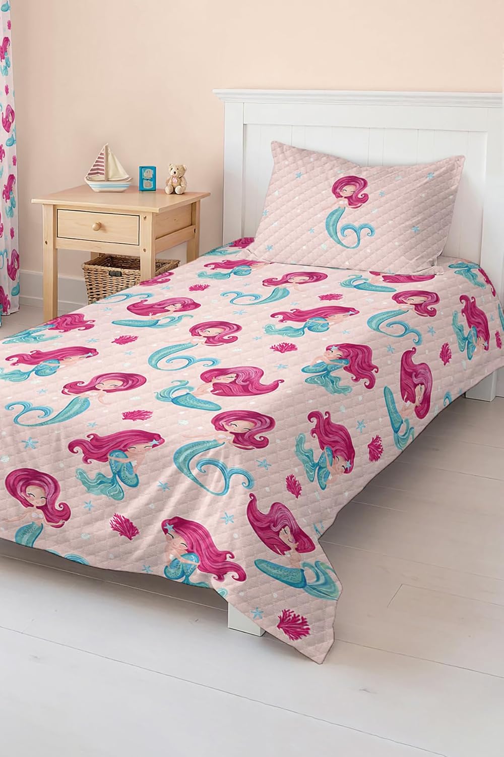 SODEF Quilt Set Mermaid Pattern Pink Color Kids and Teens Room Bedspread, 2 Piece Cotton Polyester Blend, Breathable, Twin Size - Multicolor, One Size