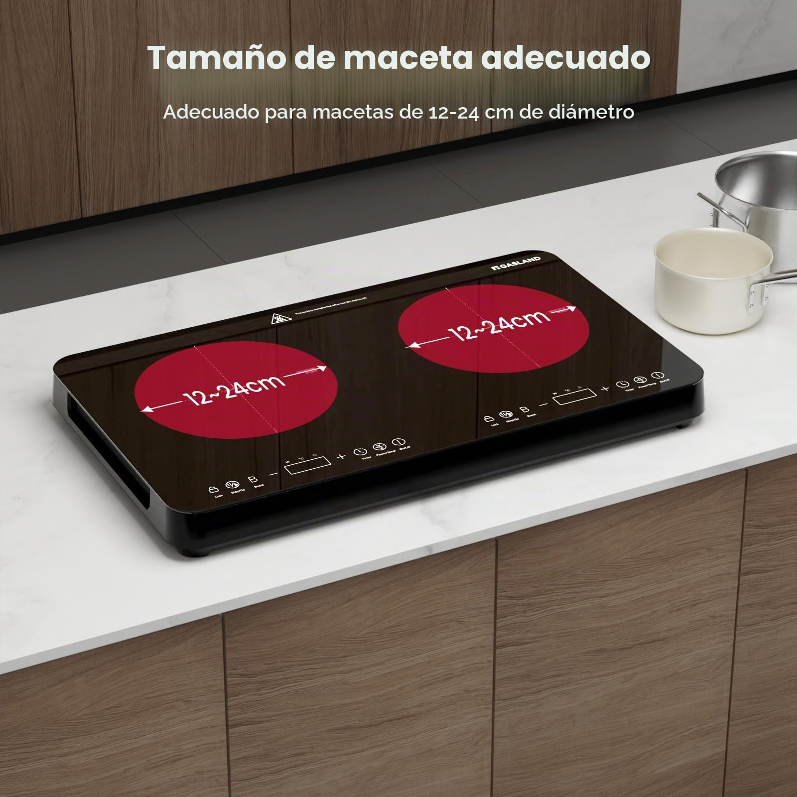 GASLAND IH582BTA Placa de inducción doble, 58 cm, 3500W Placa de inducción portátil con 2 zonas, control táctil, 10 niveles de temperatura, 10 niveles de potencia, ahorro de energía