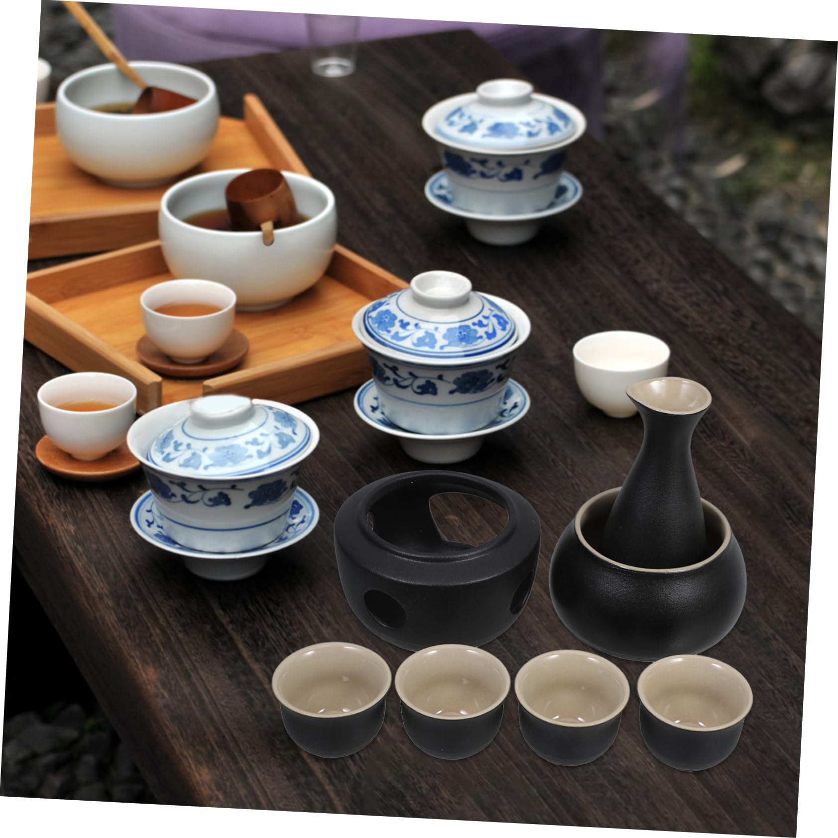 GARVALON Service à Saké et Tasse 45ml en Céramique Noire Traditionnel et Chauffe-Tasse Stable avec Pot 175ml Surface Confortable pour Maison ou Restaurant