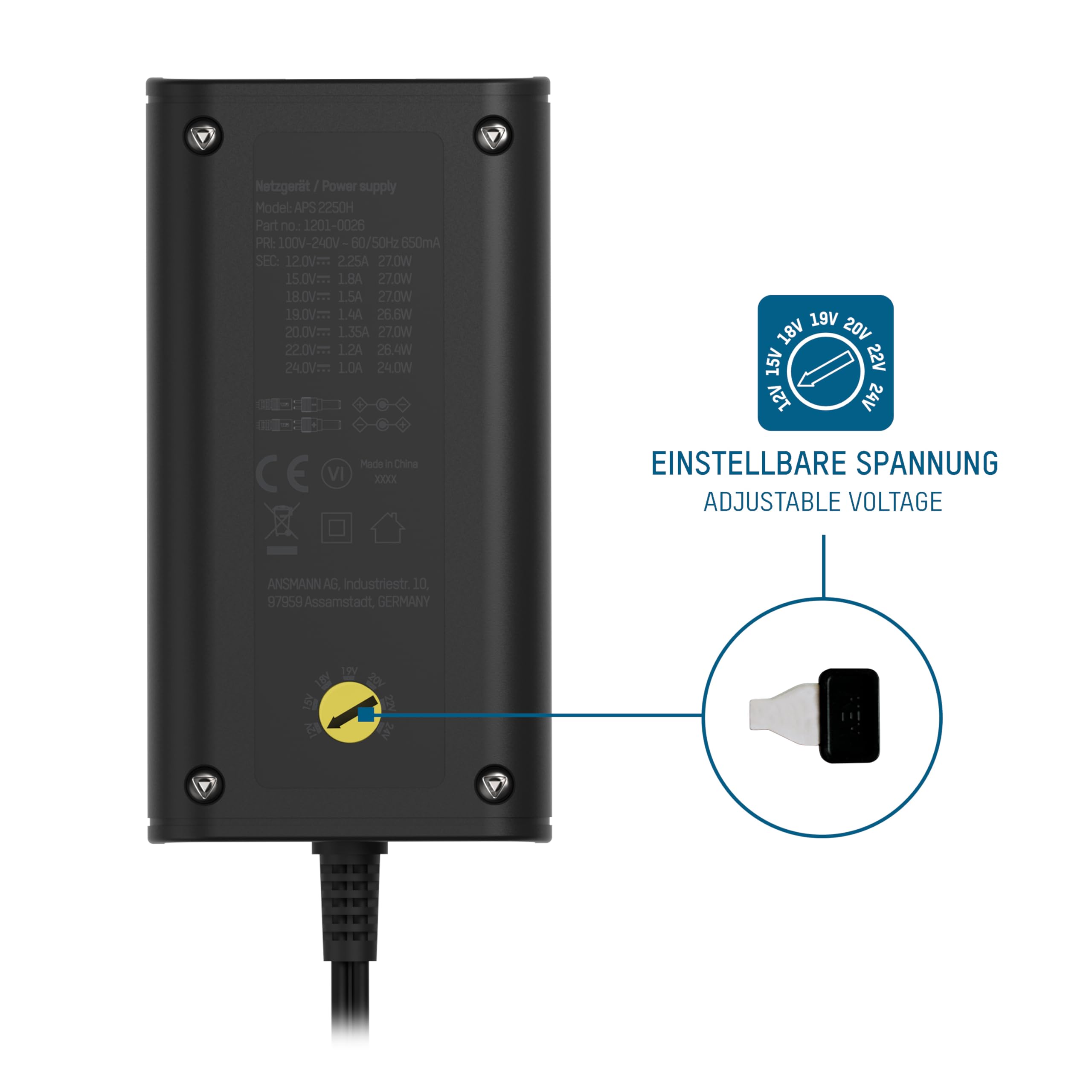 ANSMANN APS 2250 H Universal Stecker Netzteil 24V inkl 7 verschiedende Adapter Stecker - Netzstecker bis max. 2250mA - Netzadapter zur Stromversorgung vieler Elektrokleingeräte von 12-24 Volt regelbar