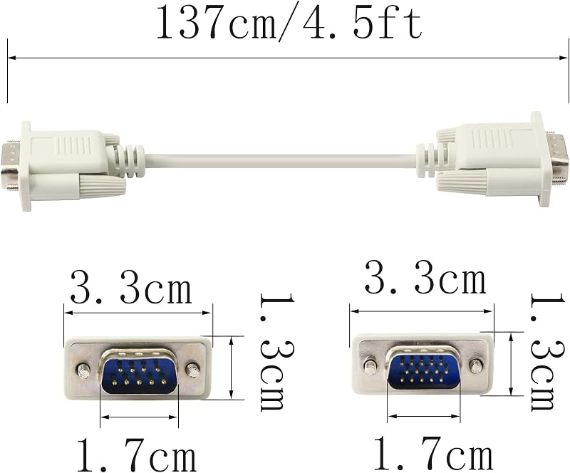 PNGKNYOCN DB9 - VGA Átalakító Kábel 1,5m - RS232 Csatlakozó Számítógéphez, Nyomtatóhoz, Monitorhoz - Fehér, Gubancolódásmentes