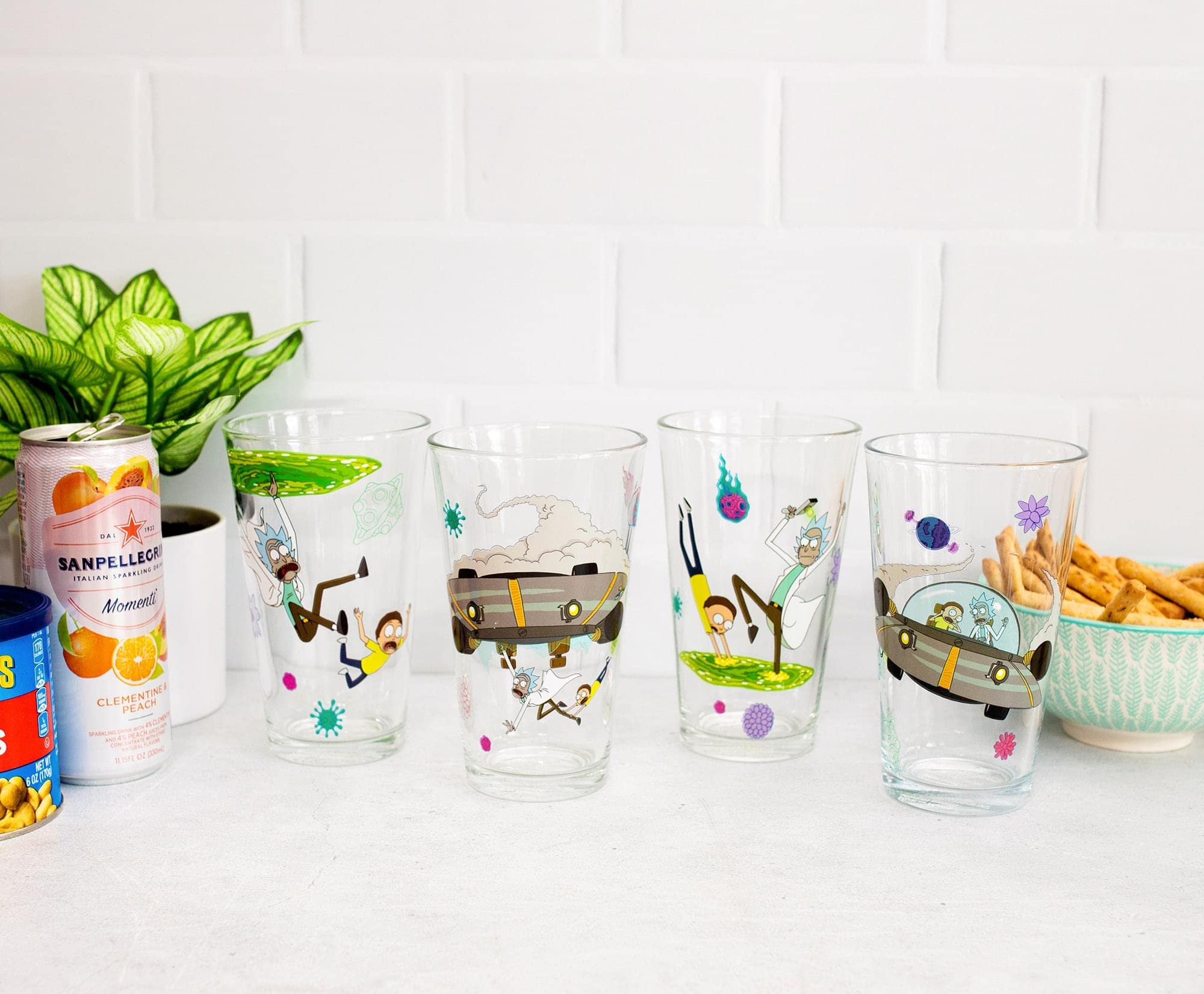 Silver Buffalo Rick and Morty 16-Ounce Pint Glasses, Set of 4 | Traditional Beer Mug Glass Tumblers For Liquor, Beverages