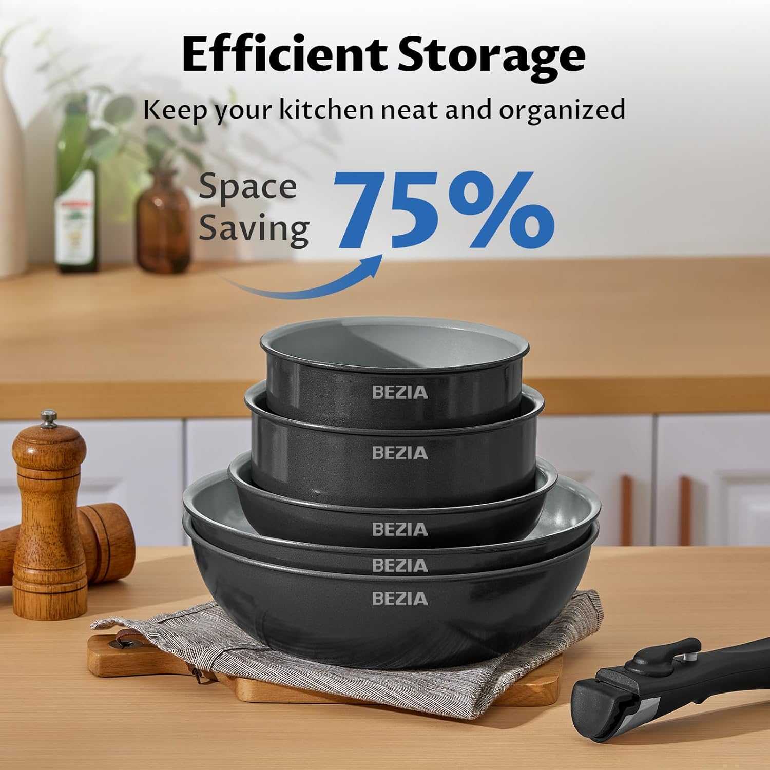BEZIA Induction Cookware with Healthy Ceramic Coating, Nonstick Pots and Pans Set 13pcs with Detachable Handles, Induction RV Kitchen Set with Removable Handles, Oven Safe