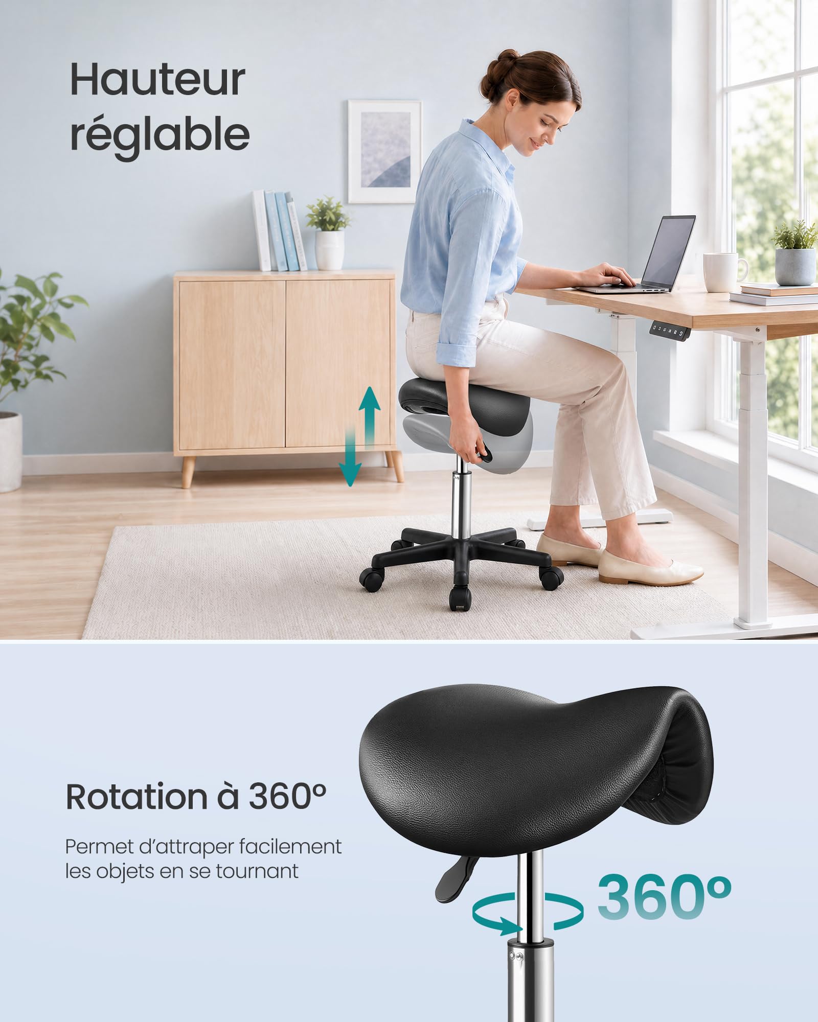 SONGMICS Tabouret Selle, Tabouret à roulettes Ergonomique en Cuir PU, Réglable en Hauteur, Pivotant à 360°, 56 x 56 x 45-61 cm, Noir, pour Bureau, Salon, Collection Activo OSC014B101