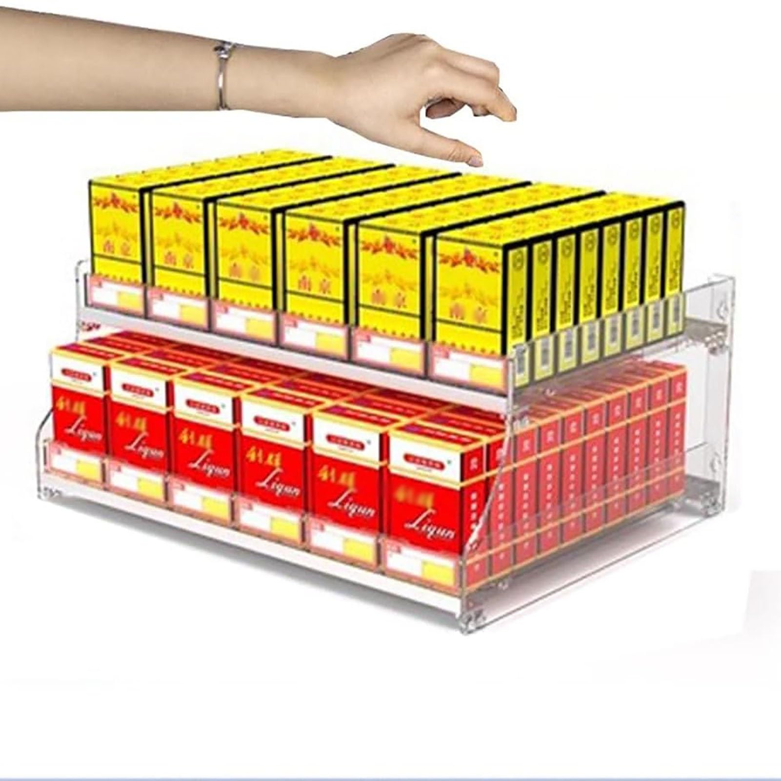 Caja estante de mercado trapezoidal para organizar tabaco y liberar espacio de cobro