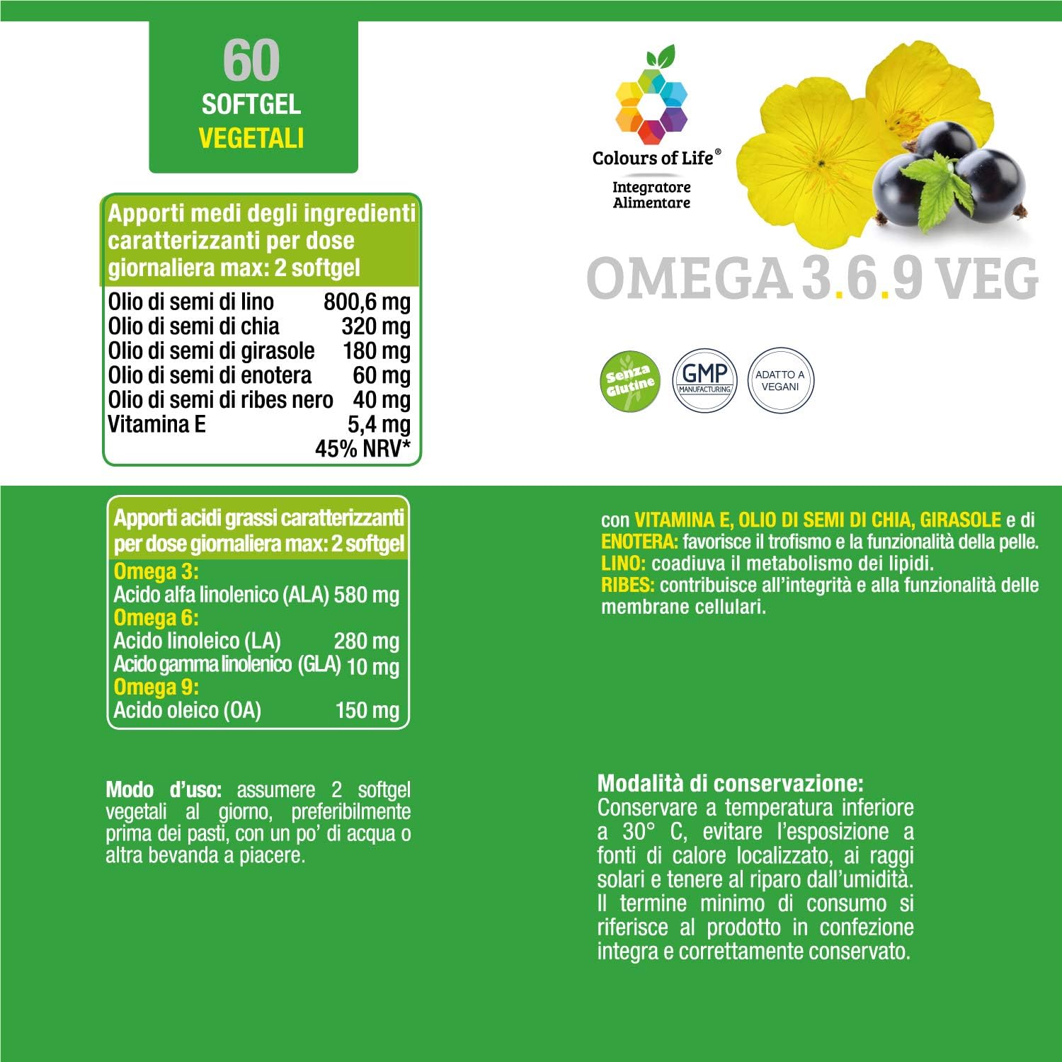 Colours of Life - Omega 3,6,9 VEG - Integratore di Omega 3, 6 e 9 - con Oli  di Semi di Chia, Enotera, Girasole e Ribes Nero - Senza Glutine e Vegano,