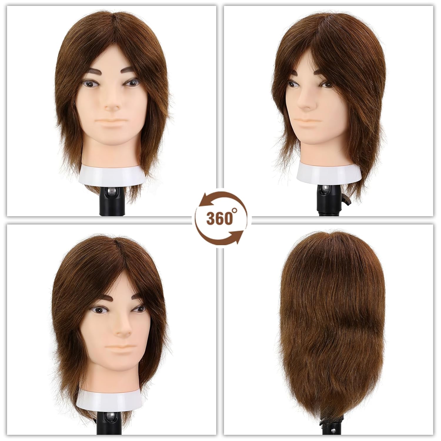 10" Brown Male Mannequin Head with 100% Real Human Hair, Professional Barber Mannequin Head Cosmetology Manikin Training Head for Haircut Styling Practice with Free Clamp Stand (Dark brown)