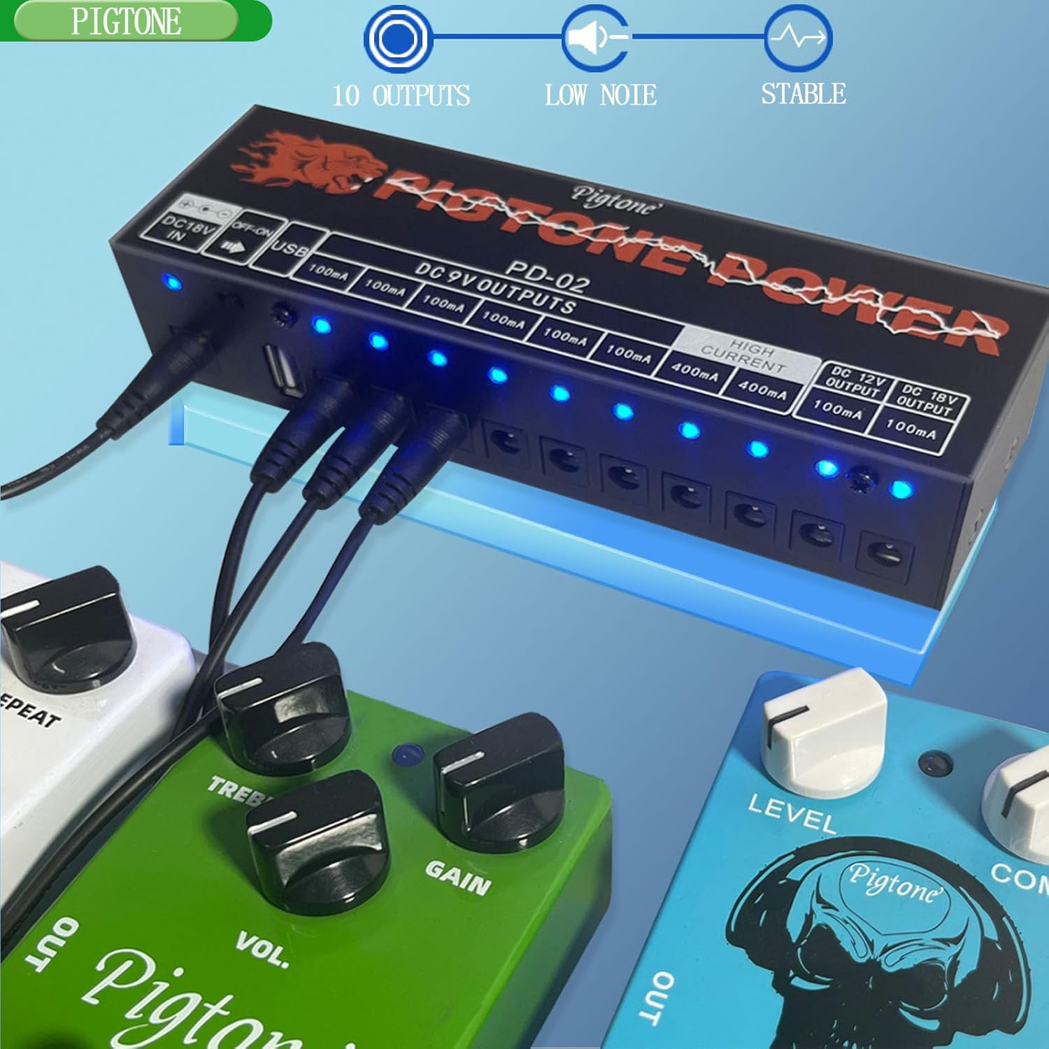 Guitar Effect Pedal Power Supply 10 DC Outputs for 9V 12V 18V Effects Pedals with USB (5V2A) PD-02