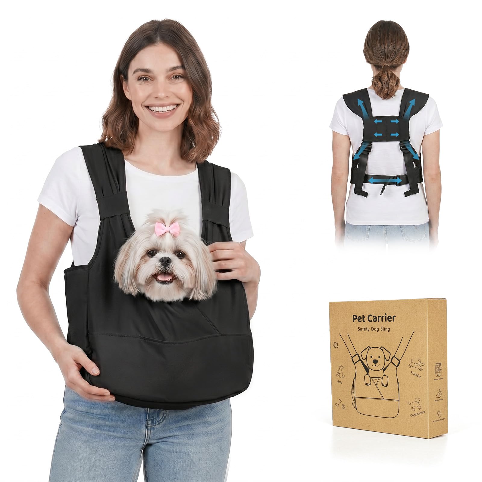 Supet Dog Sling Carrier with Bottom Support for Small Dogs, Puppy Carrier Bag with Adjustable Padded Straps Reducing Back Neck Pain for Travel, Hiking,Camping Lightweight & Breathable（Deep Black S）
