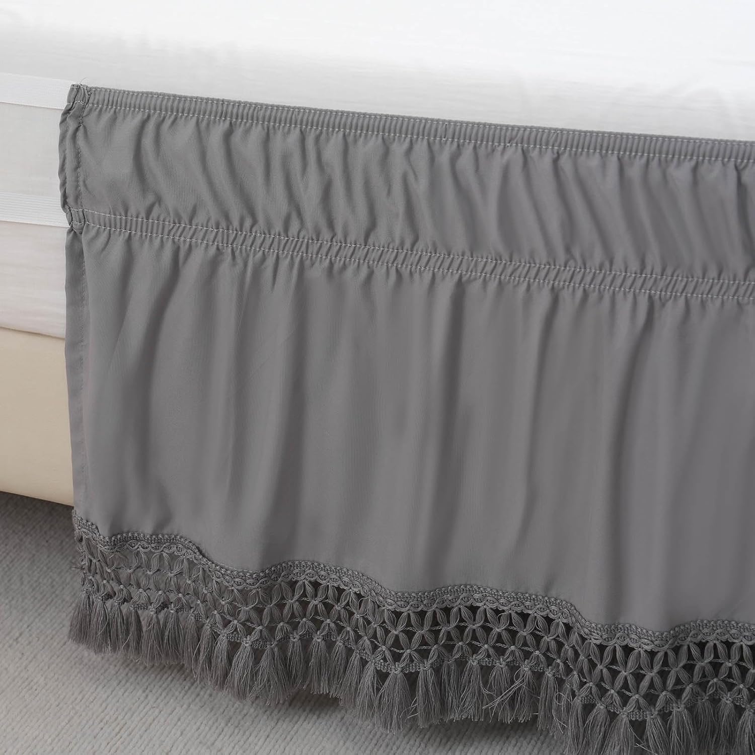 Boho Fringe Bed Skirt 16 Inch Drop, Elastic Dust Ruffle with Adjustable Belts, Easy to Put On, Bed Frame Cover, Machine Washable (Gray,Full)