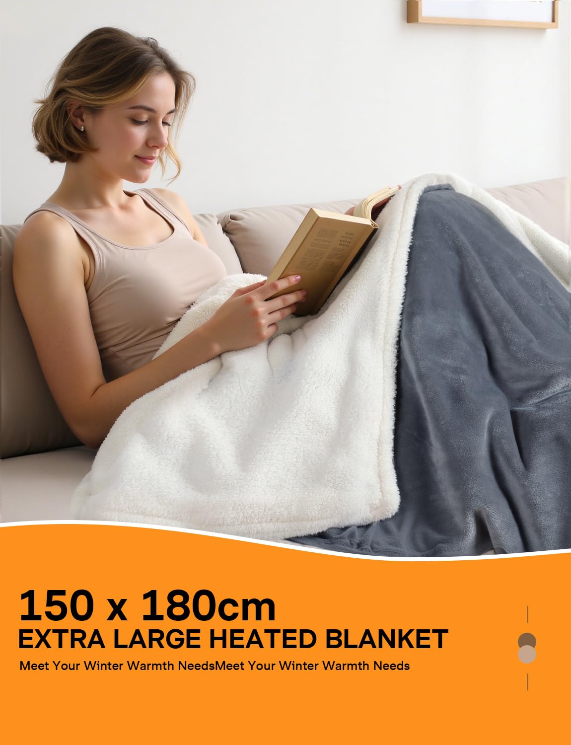 ALLJOY Heizdecke mit Abschaltautomatik150x180cm, Elektrische Wärmedecke & 9 Heizstufen, 1-9H Timer, Schnelle Aufheizung, Doppelseitiger Flanell, Waschbare Kuscheldecke Grau, Bett & Sofa