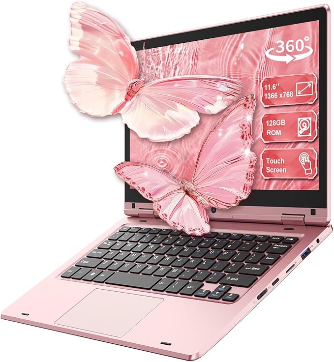 11,6'' Ordinateur Portable Tactile Pliable à 360°, Laptop Celeron N4020, 6Go RAM 128Go SSD, WiFi (2,4G/5G), Bluetooth, 1366 x 768 IPS, Webcam, PC Portable sur Mesure pour Les Professionnels - Rose