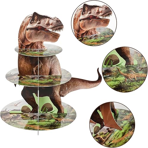 Miniatura 4 de ZOIIWA Soporte de cupcakes con temática de dinosaurio para decoración de fiesta de cumpleaños de dinosaurio, 24 decoraciones de cupcakes, 3 niveles,