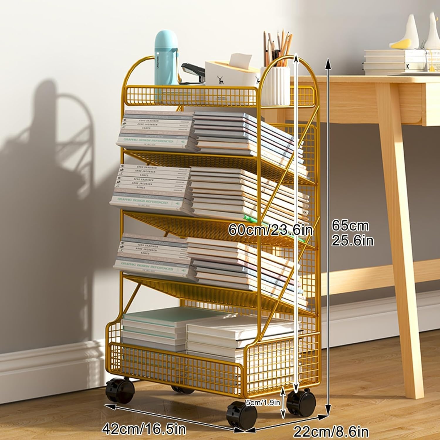 PEYNIR Libreria semplice Carrello per libreria mobile Scaffali per libri mobili con rotelle con serratura Carrello per libreria unico con cestello portaoggetti laterale