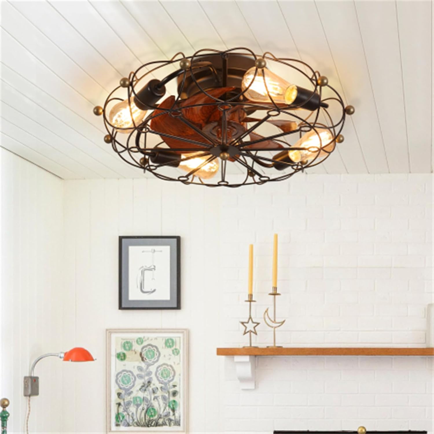 Modern black low profile cage ceiling fan with light remote control, ceiling fan light, ceiling fan with light, recessed modern industrial ceiling fan for living room bedroom dining room