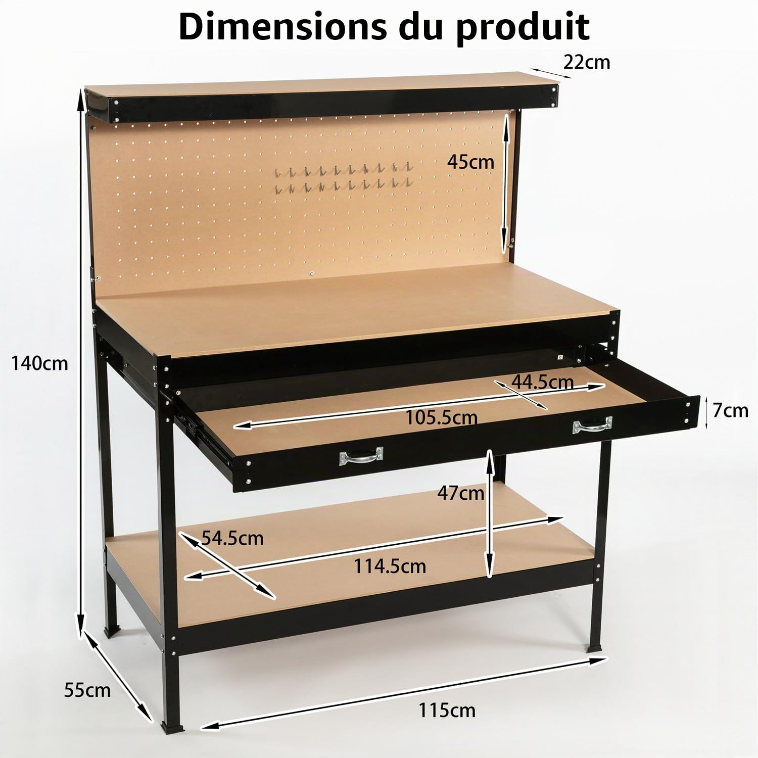 FoxHunter Établi de garage à tiroirs panneau perforé et 12 taquets porte-outils Noir Capacité 150 kg