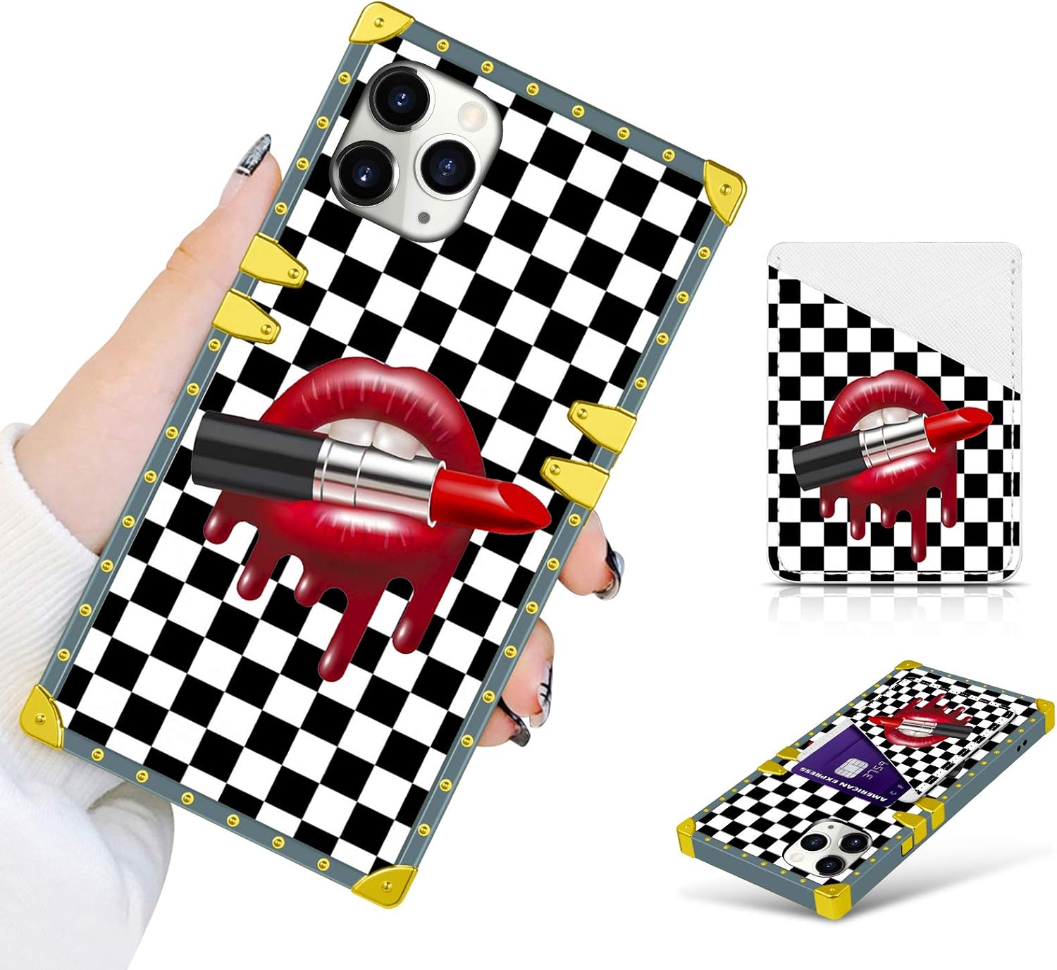 Bonoma iPhone 11 Pro Max Case 6.5 in 2019 with Wallet Card Holder, Red Lips Bite Lipstick Square Soft TPU Full Body Shockproof Protective Phone Case - Grandma Ash
