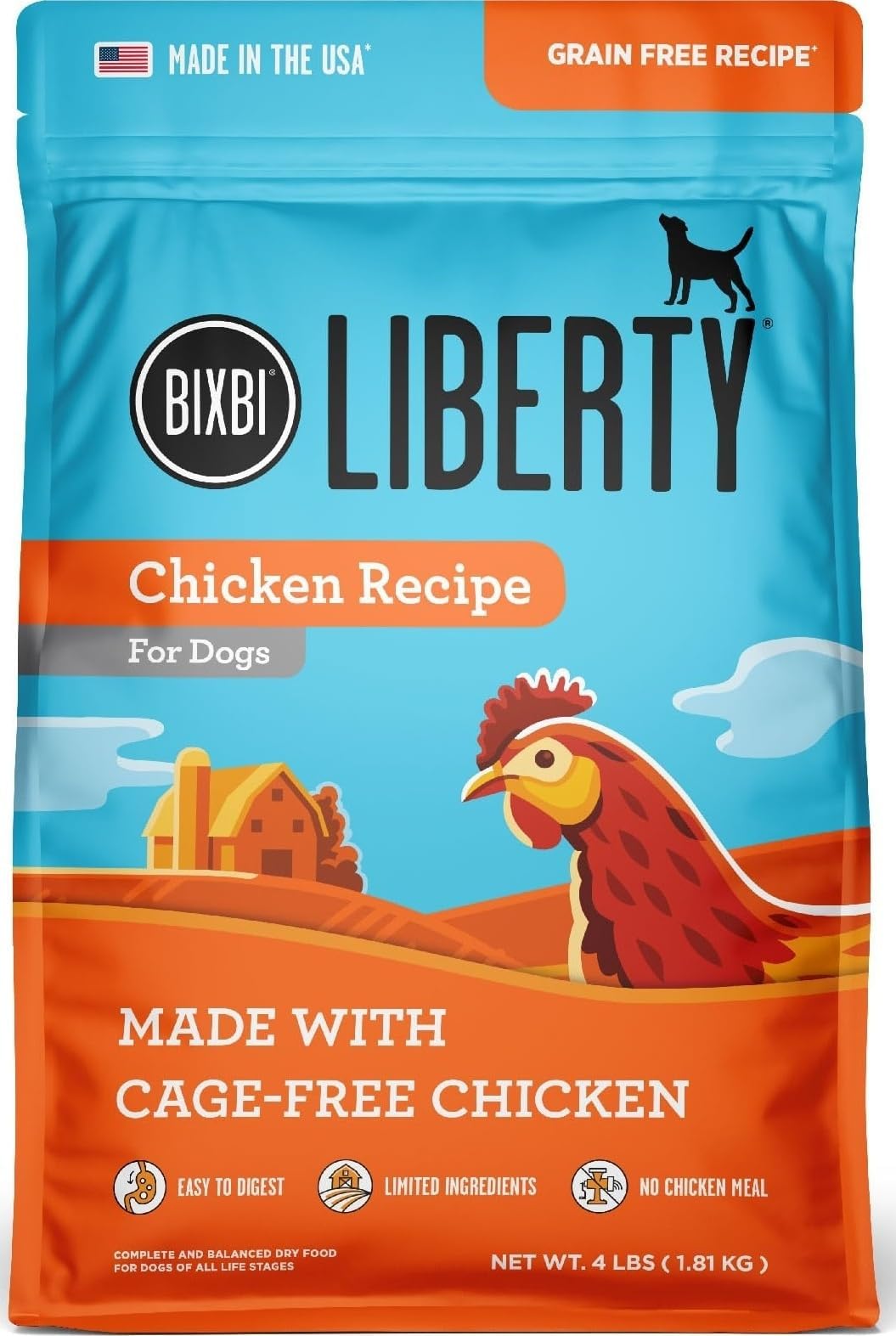 BIXBI Liberty Grain-Free Dry Dog Food, Chicken Recipe โ Fresh Meat, High Protein, No Meat Meals โ USA Made, 4 lbs