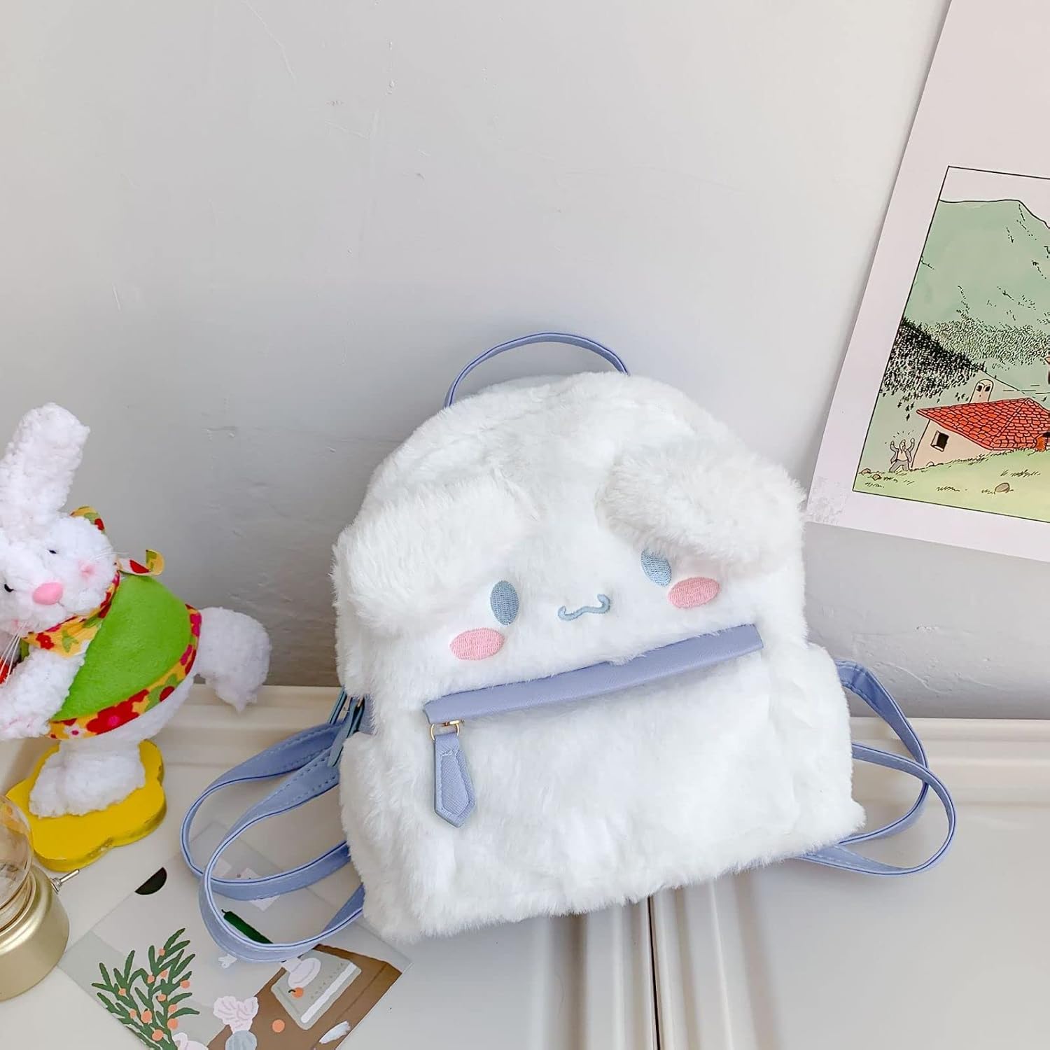 Cute Small Plush Backpacks for Girls, 3D Kawaii Animal Cartoon Mini Adorable Bag, Travel And Everyday Use Handbag Furry Bag, White Dog