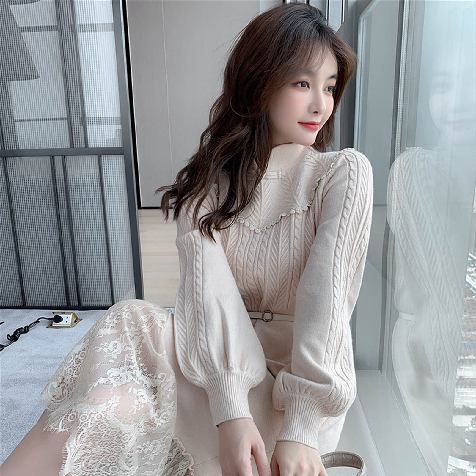 chinese dress ladies Wool-Blend 3d Flower Lettuce Trim Sweater Dress - Off-White - M