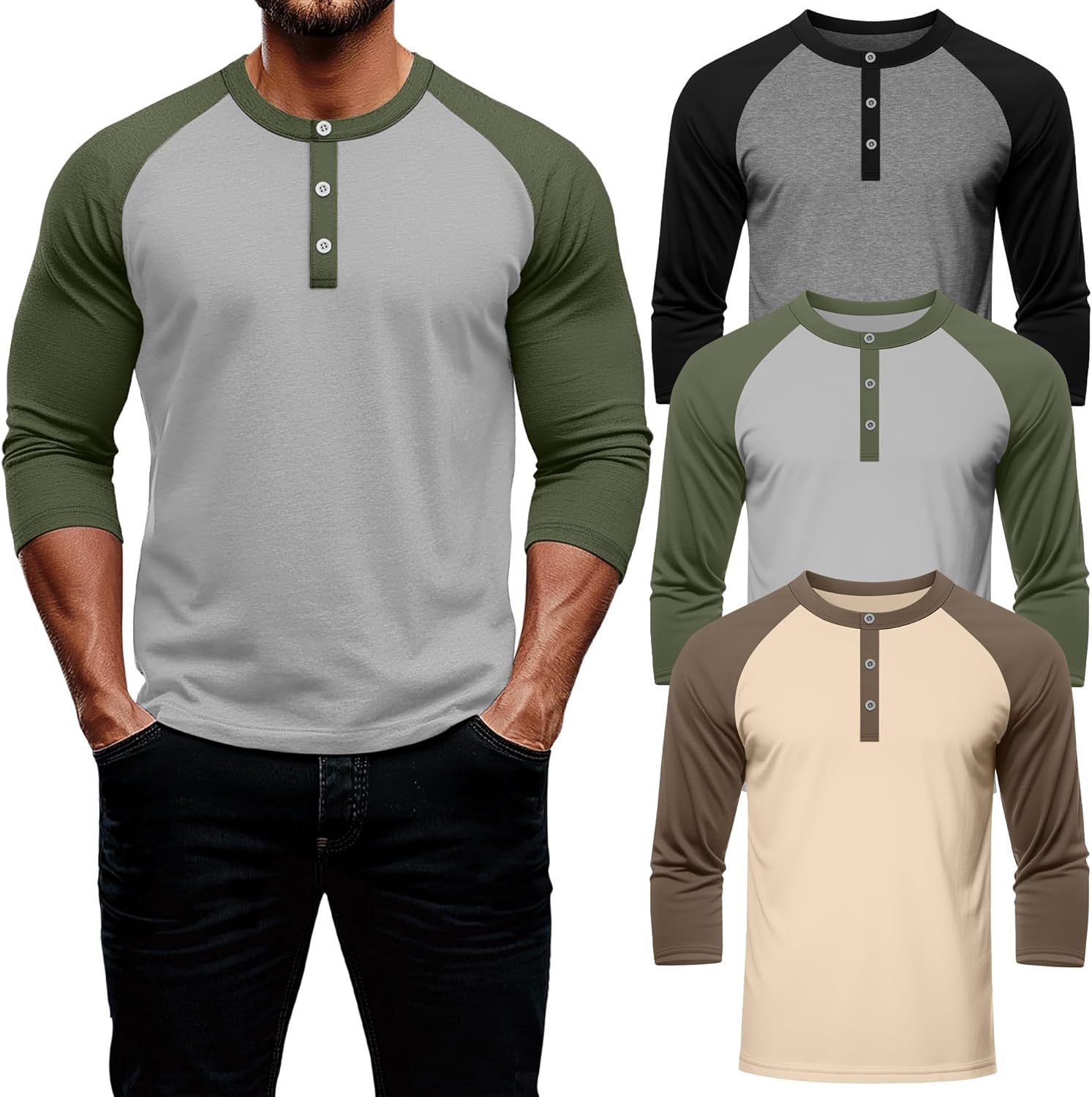 August Alley 3 Pack Men's 3/4 Sleeve Baseball Raglan T-Shirts S-3XL, Henley Tops Sport Athletic Jersey Tee Buttons Shirts