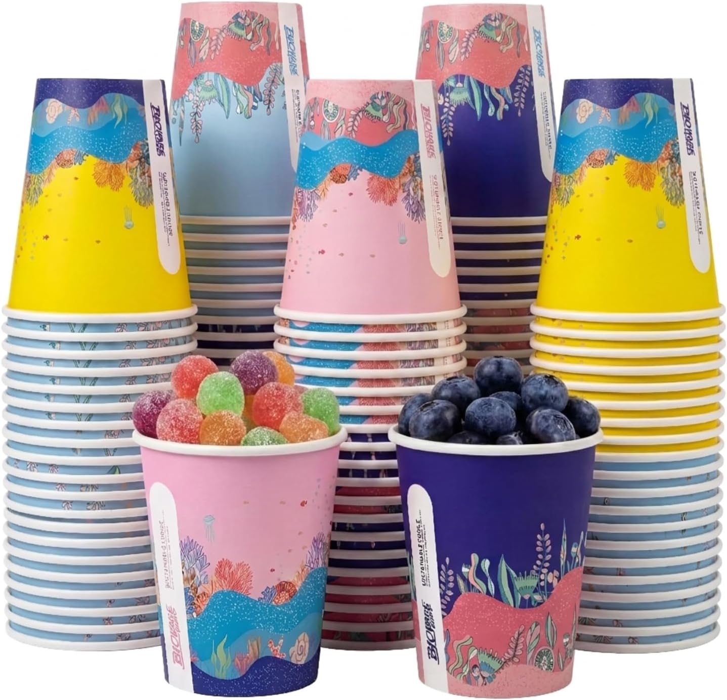 100 Pcs 8oz Paper Cups for Kids, 4 Unique Ocean Theme Designs, Disposable Bulk Hot & Cold Drinking Coffee Cups for Birthday Parties, Holidays, Picnics, Travel and Special Events