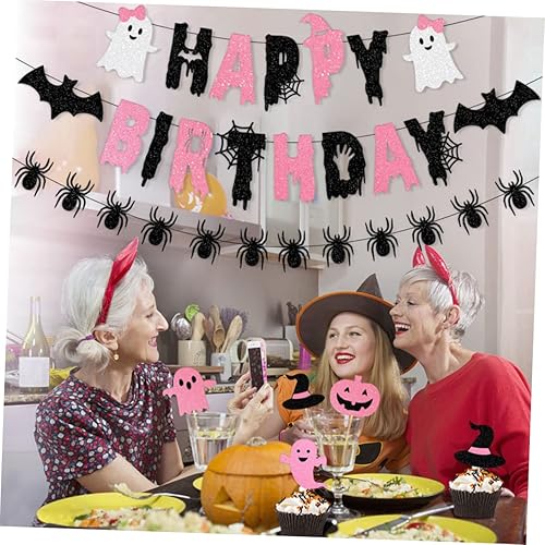 Miniatura 3 de Decoración de Halloween, 1 juego de bandera de cumpleaños, decoraciones rosadas, decoraciones de fiesta de Halloween, pancartas de cumpleaños,