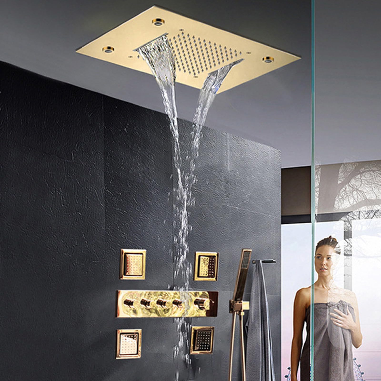 ASerZenith The All-Copper Brushed Gold Bathroom is Concealed Into The Wall Type Canopy to Hide The Household Constant Temperature Light Luxury Shower Shower Set Ceiling(ConstantTemp4FunctionWithSide)