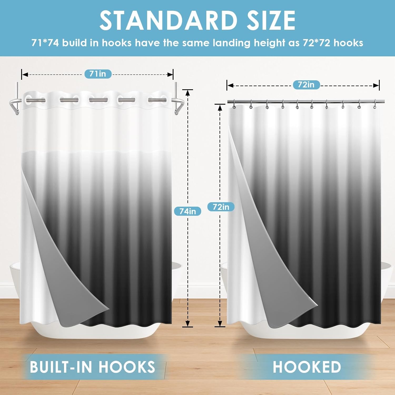 No Hook Ombre Black and Grey Shower Curtain with Snap in Fabric Liner Set, Modern Design Double Layers Waterproof Fabric with See Through Top Window Open Grommet Bath Curtain 71x74 Inch