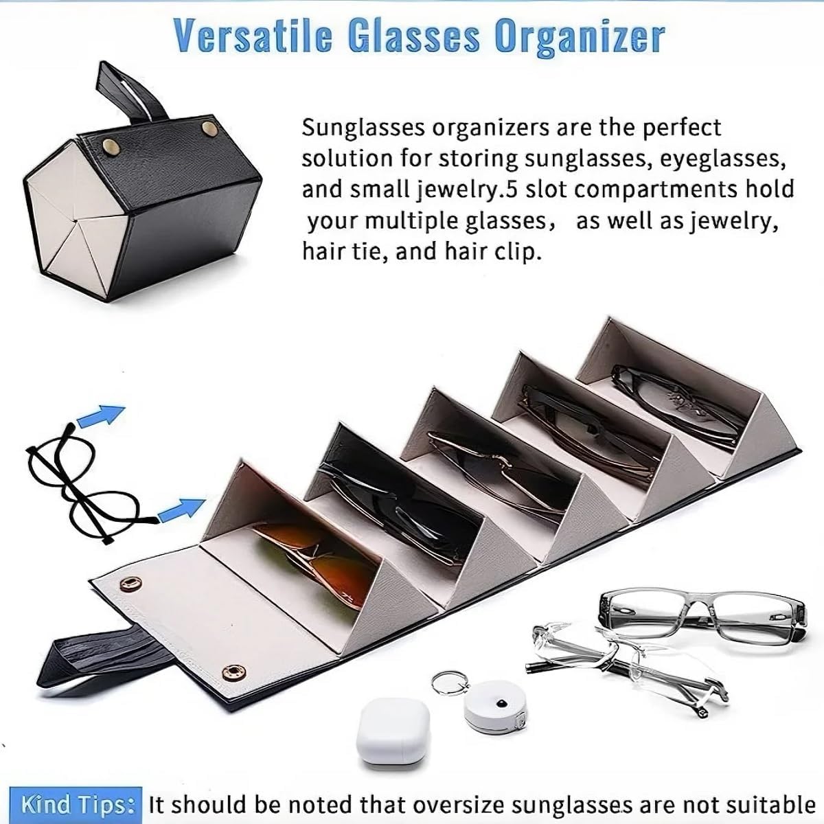 5 Slots Travel Sunglasses Organizer, Foldable PU Leather Eyeglasses Case, Hanging Glasses Holder for Multiple Eyewear Storage, Portable Space-Saving Travel Essential for Women & Men - Image 6