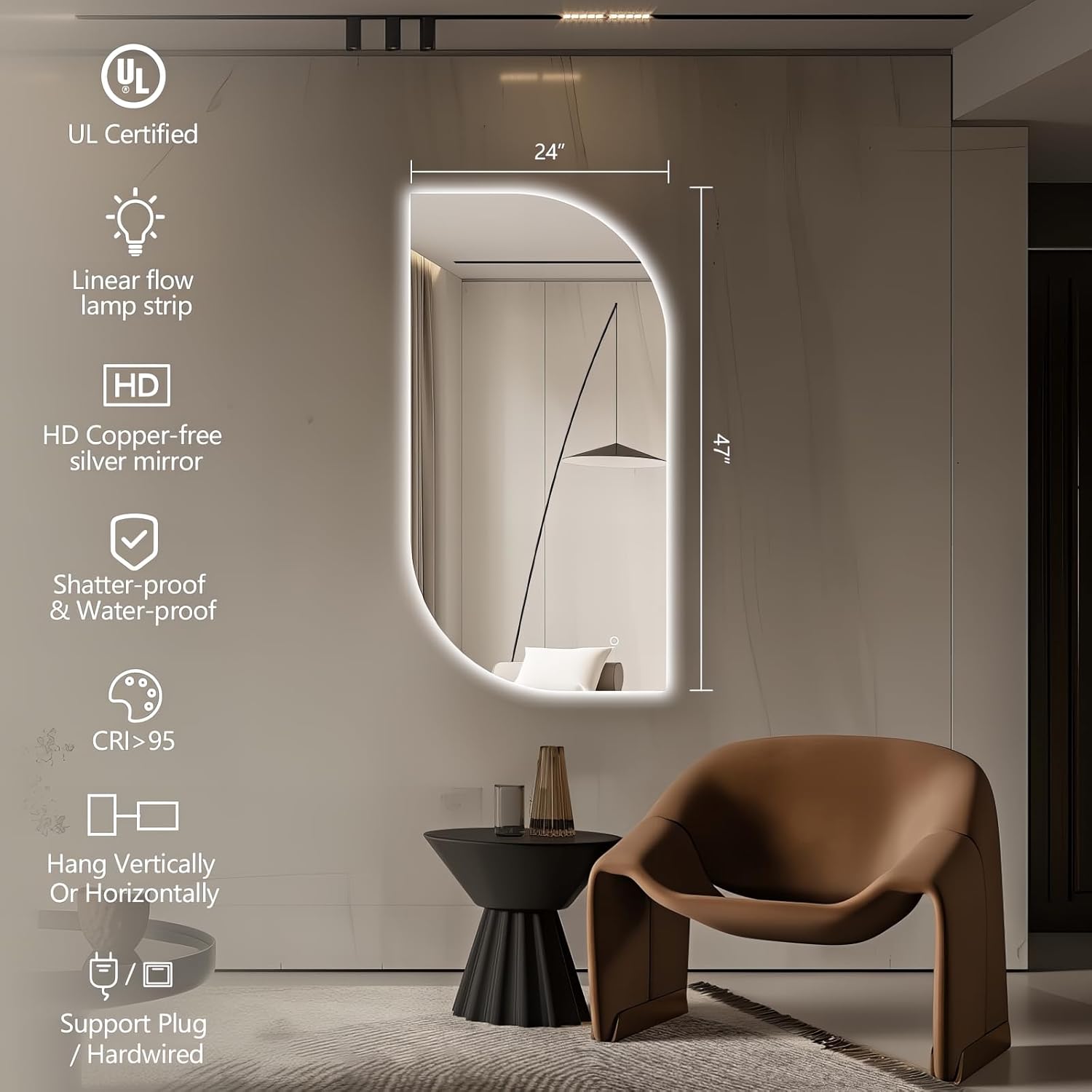 LED Bathroom Mirror with Lights, 47x24 Inch Leaf LED Backlit Mirror Irregular, Anti-Fog, Dimmable Light, Asymmetrical Vanity Mirror for Makeup, UL Listed, Room Decor for Bedroom Horizontal/Vertical