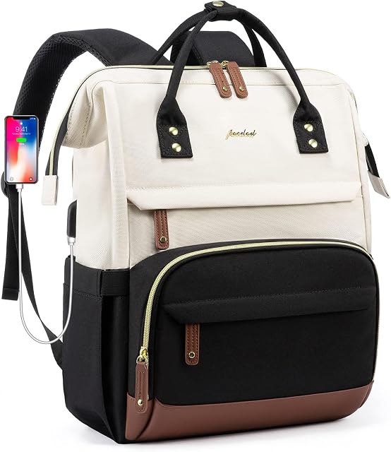 Sac à dos : 15.6 sac à dos de voyage de travail de pouce USB Charger College Bookbag Business Computer Backpack Sacs à dos antivol Casual pour l'infirmier Beige Black Brown pour femme